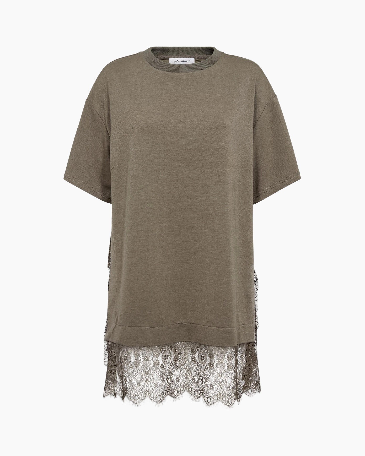 oversizede tee, t-shirt jurk, kant zoom, khaki, korte mouw