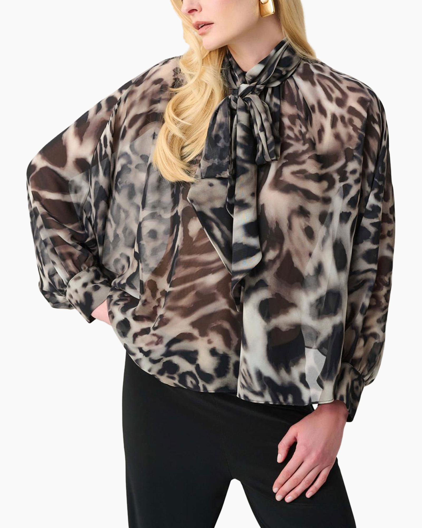 blouse, doorsel, leopard print, puff sleeve, tie-neck