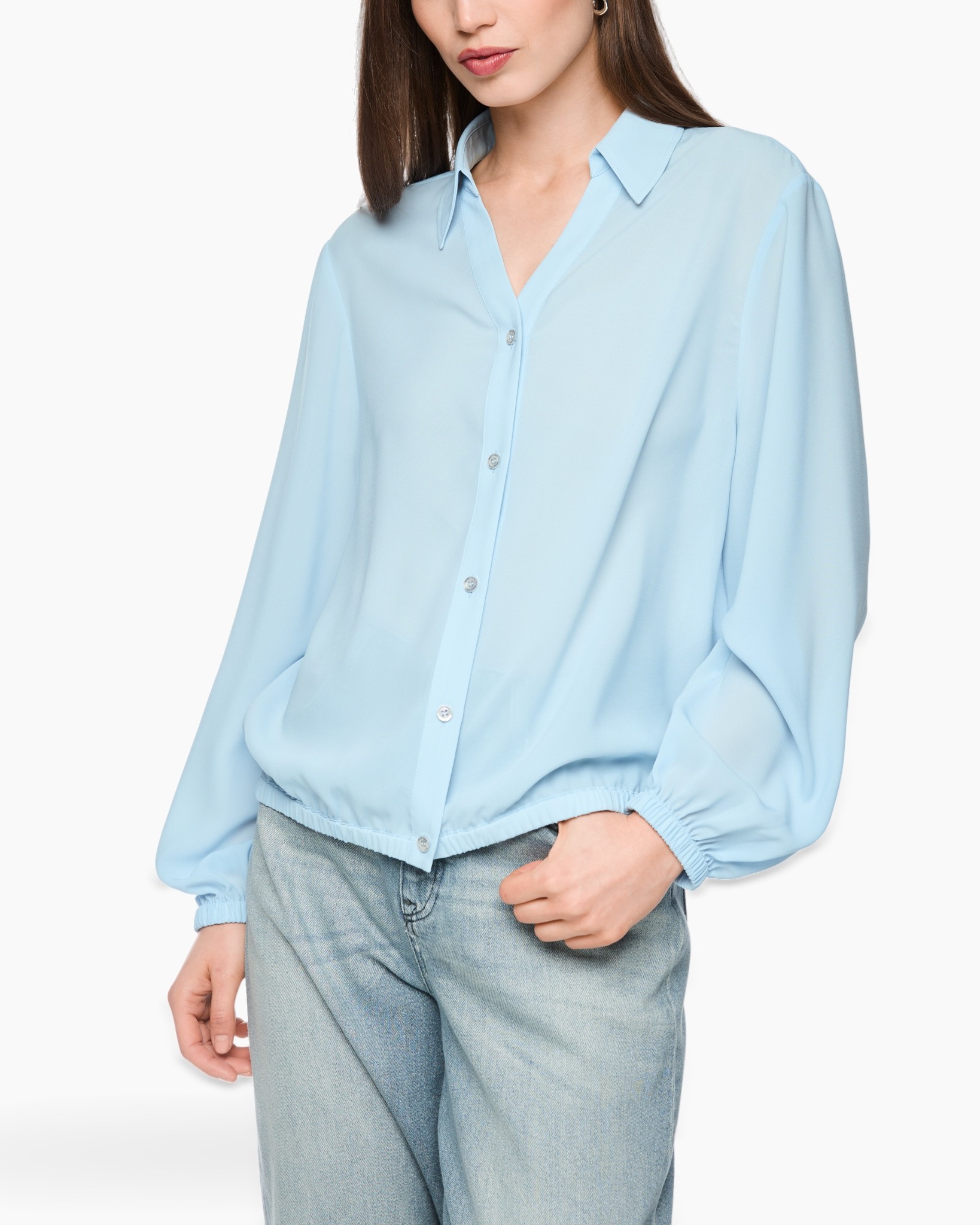 hemd, blouse, lichtblauw, knopen, luchtige mouwen