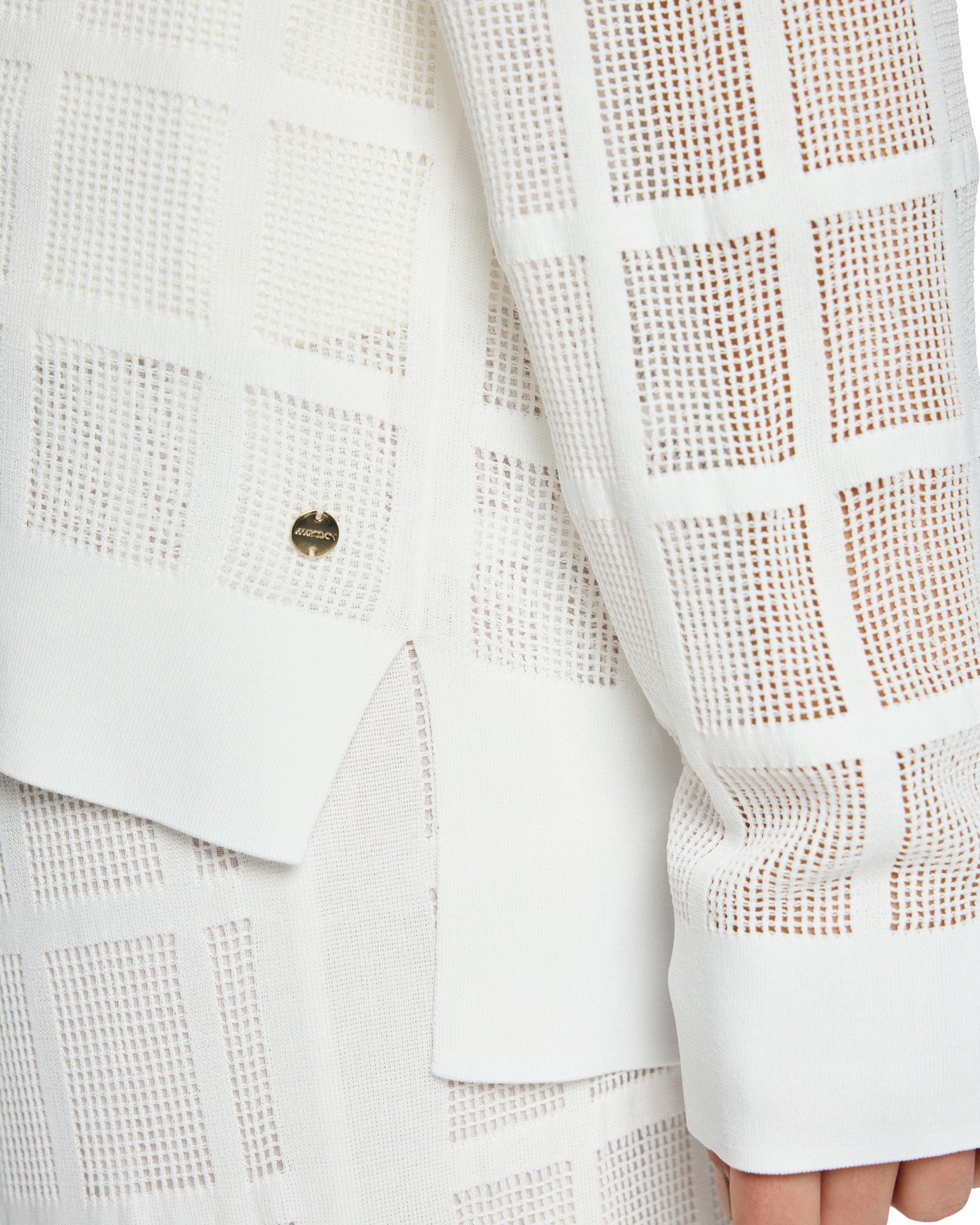 white fabric, grid pattern, woven mesh, long sleeve, button detail