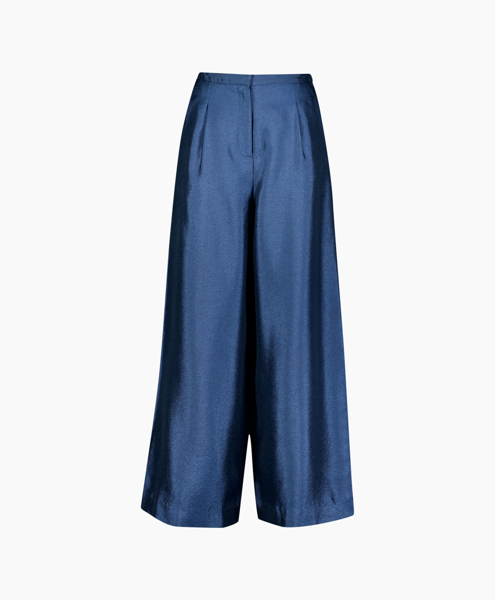 wijdelange broek, palazzo broek, blauwe satin, elastaan, enkellengte