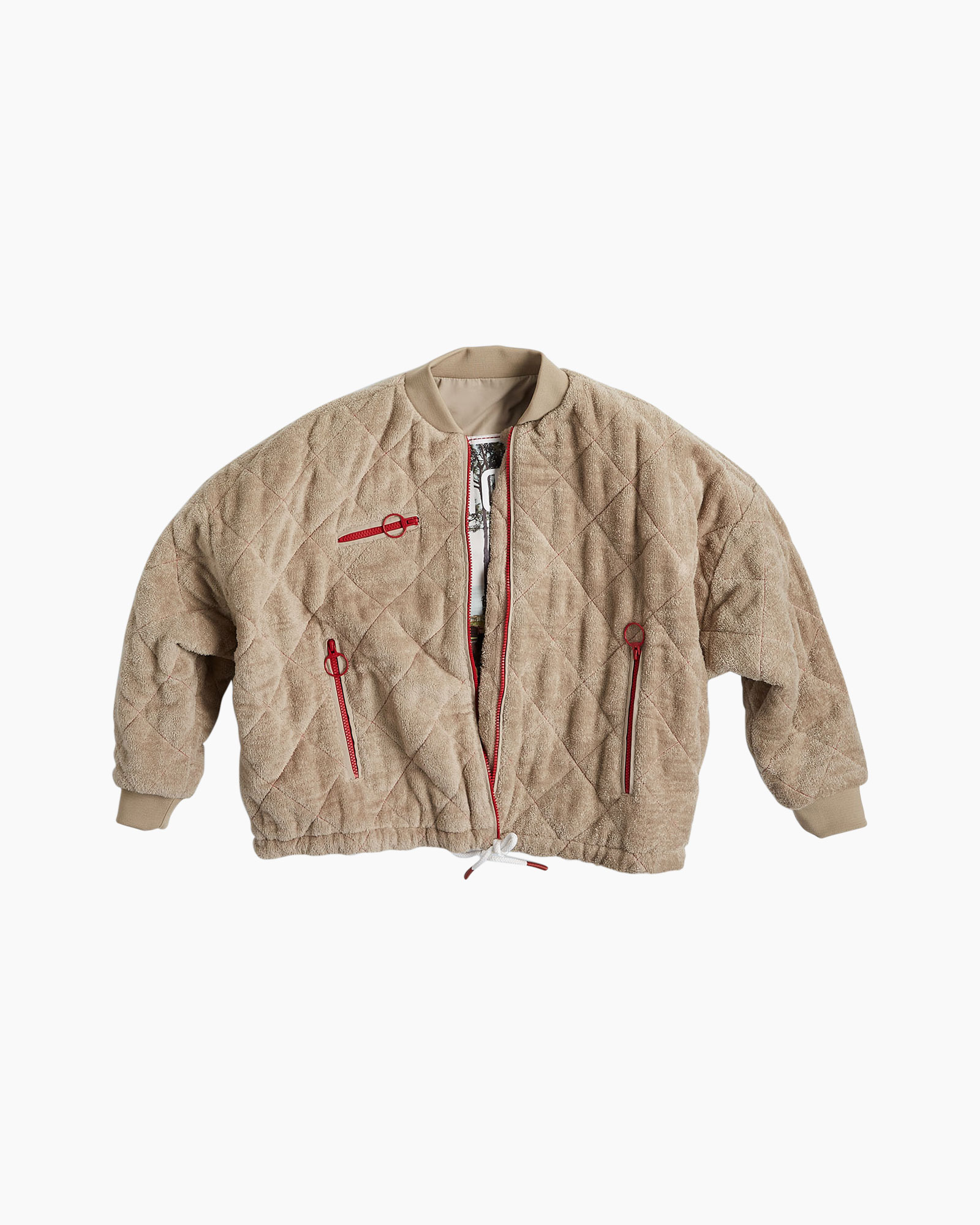 quilted jas, beige, ritsvakken, athleisure, trekkoord