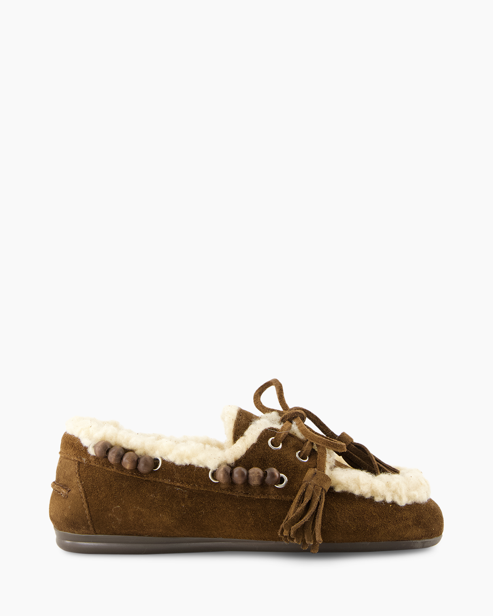 sloffen, moccasins, shearling, bruin, kralen