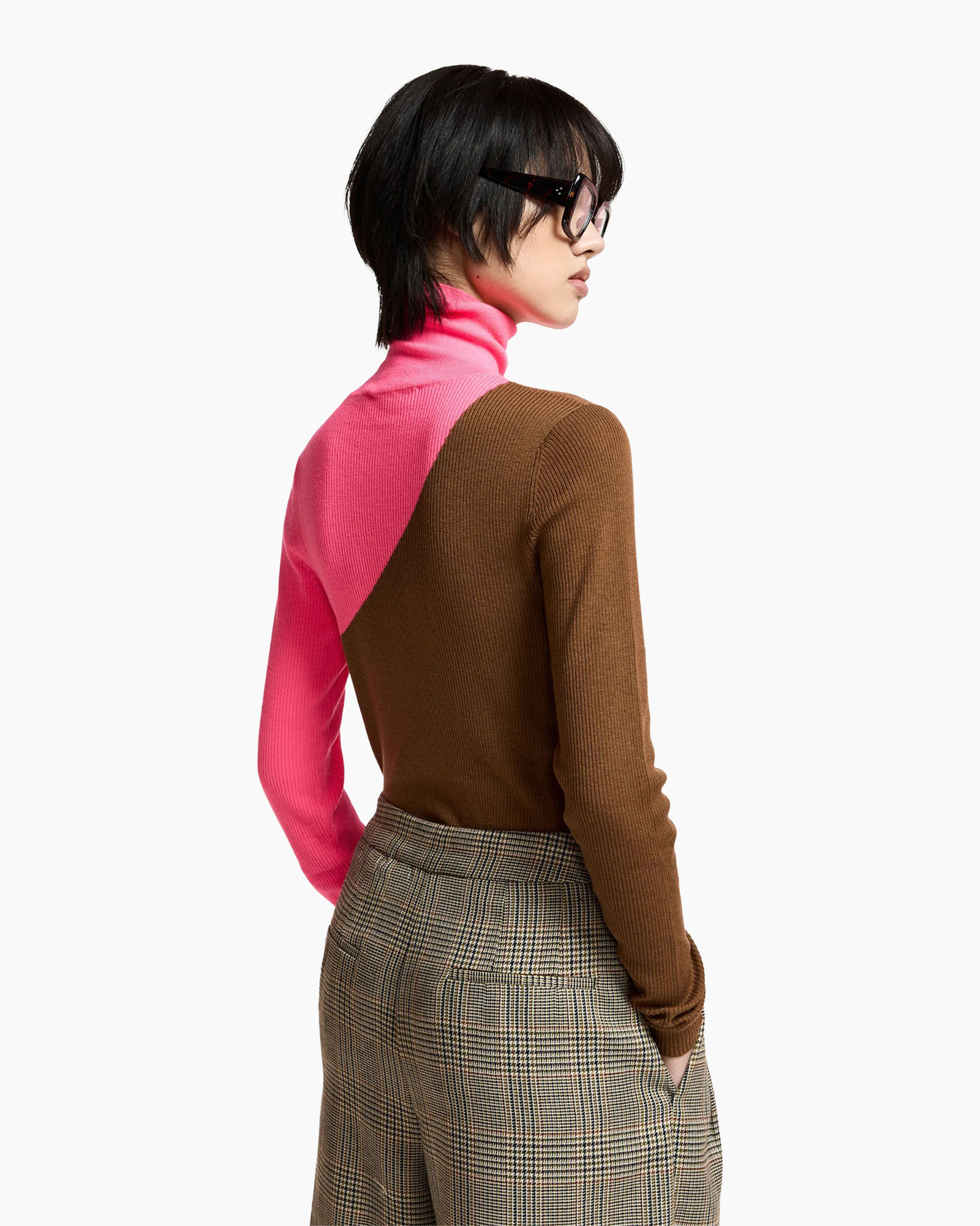 turtleneck, kleurblok, roze, bruin, ruitenbroek