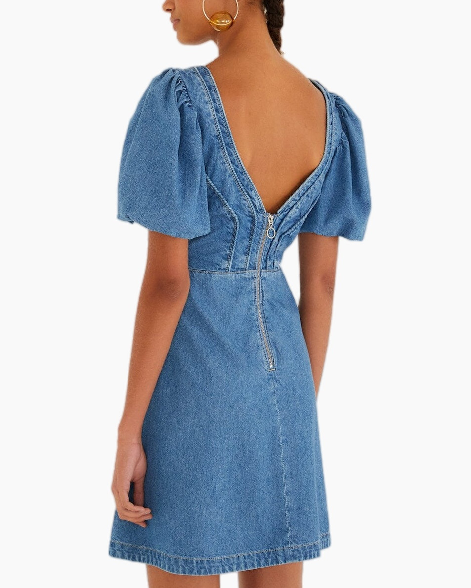 denim jurk, denim stof, pofmouwen, gaasuitsparing, mini jurk