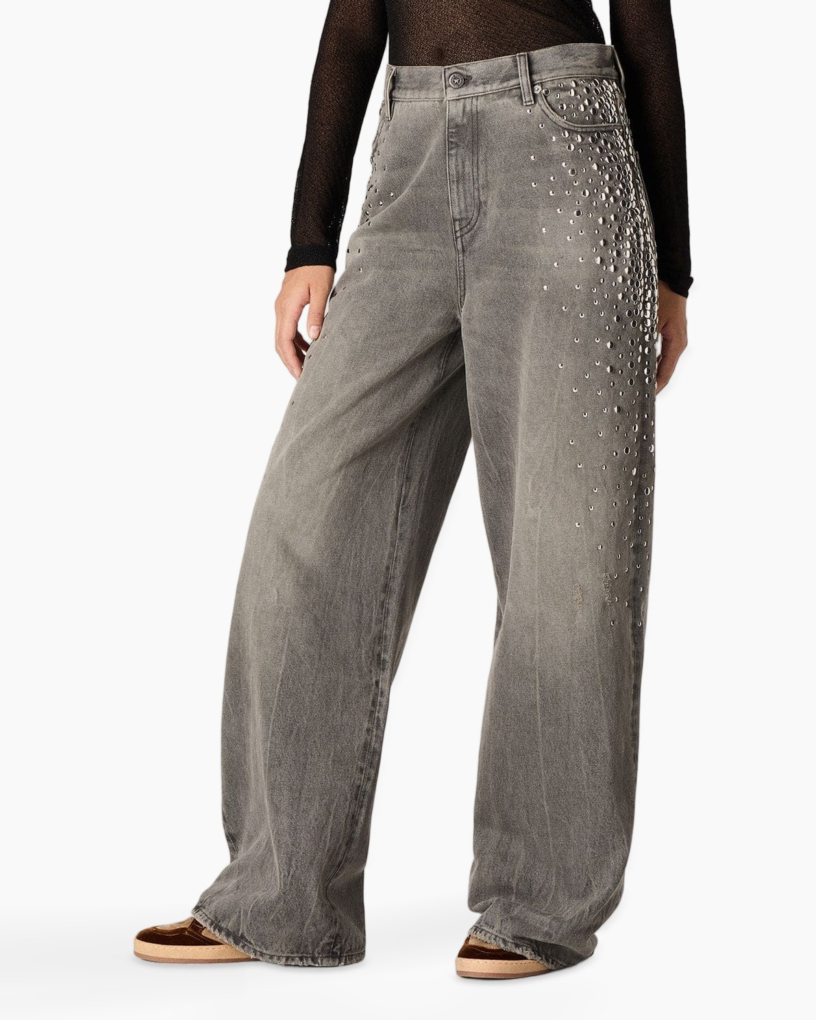 wide-leg, gray jeans, studded, sparkle, denim pants