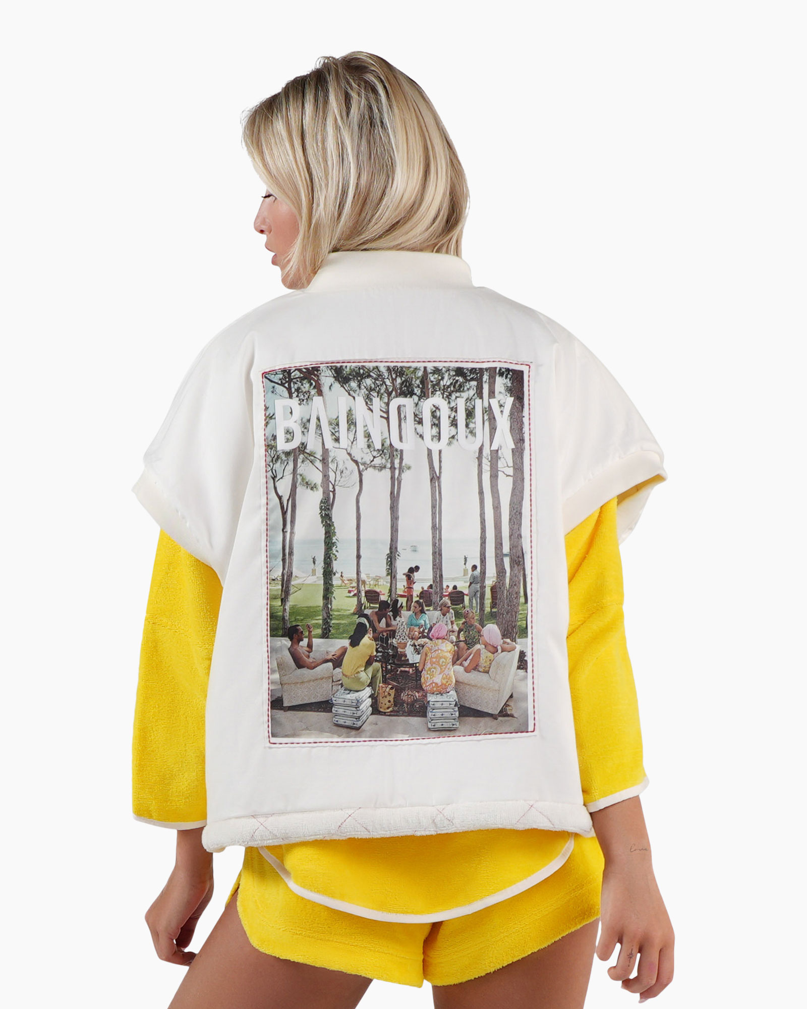 puffer vest, white vest, red zipper, yellow outfit, shorts