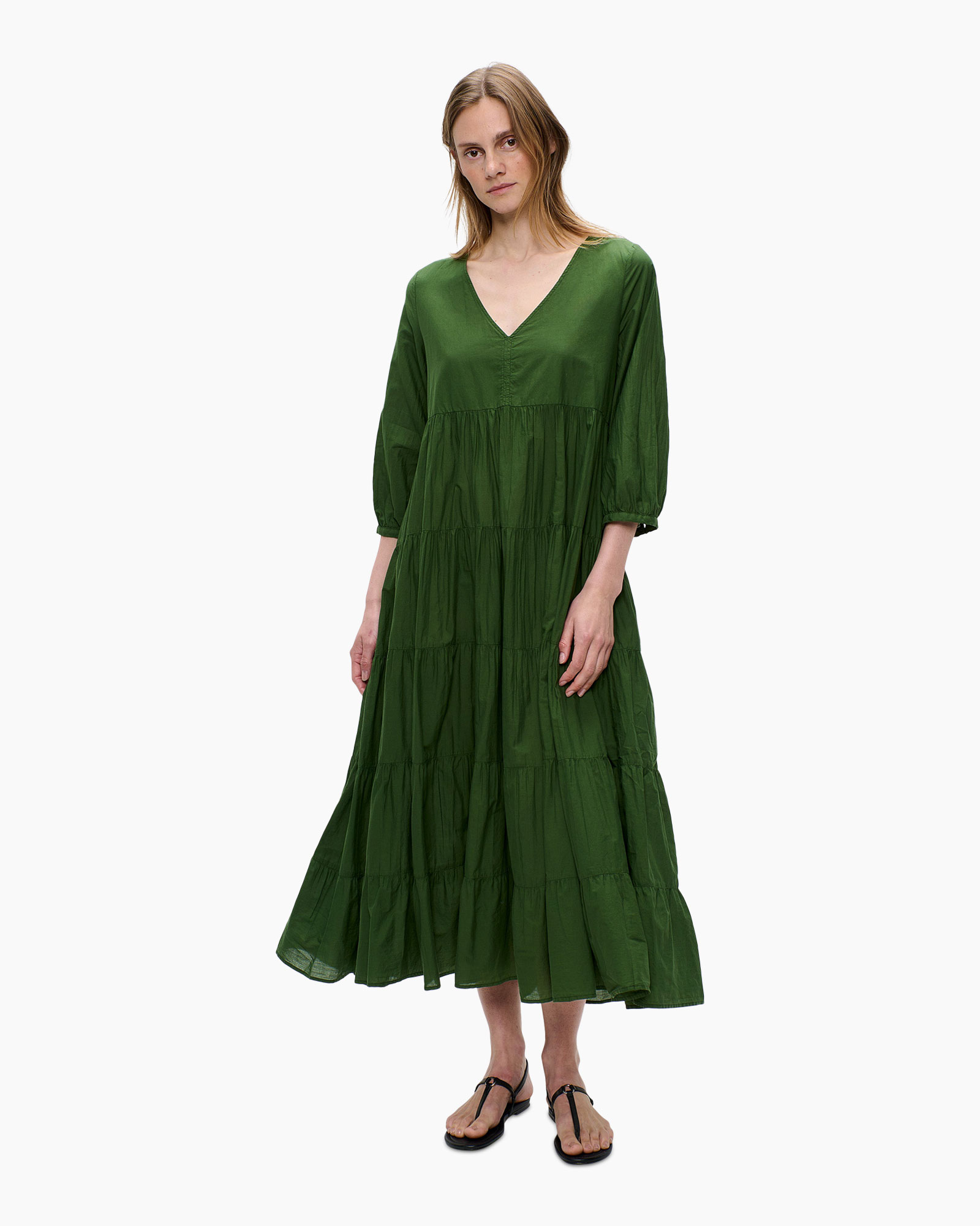 jurk, groen, maxi, getailleerd/laagjes, v-hals