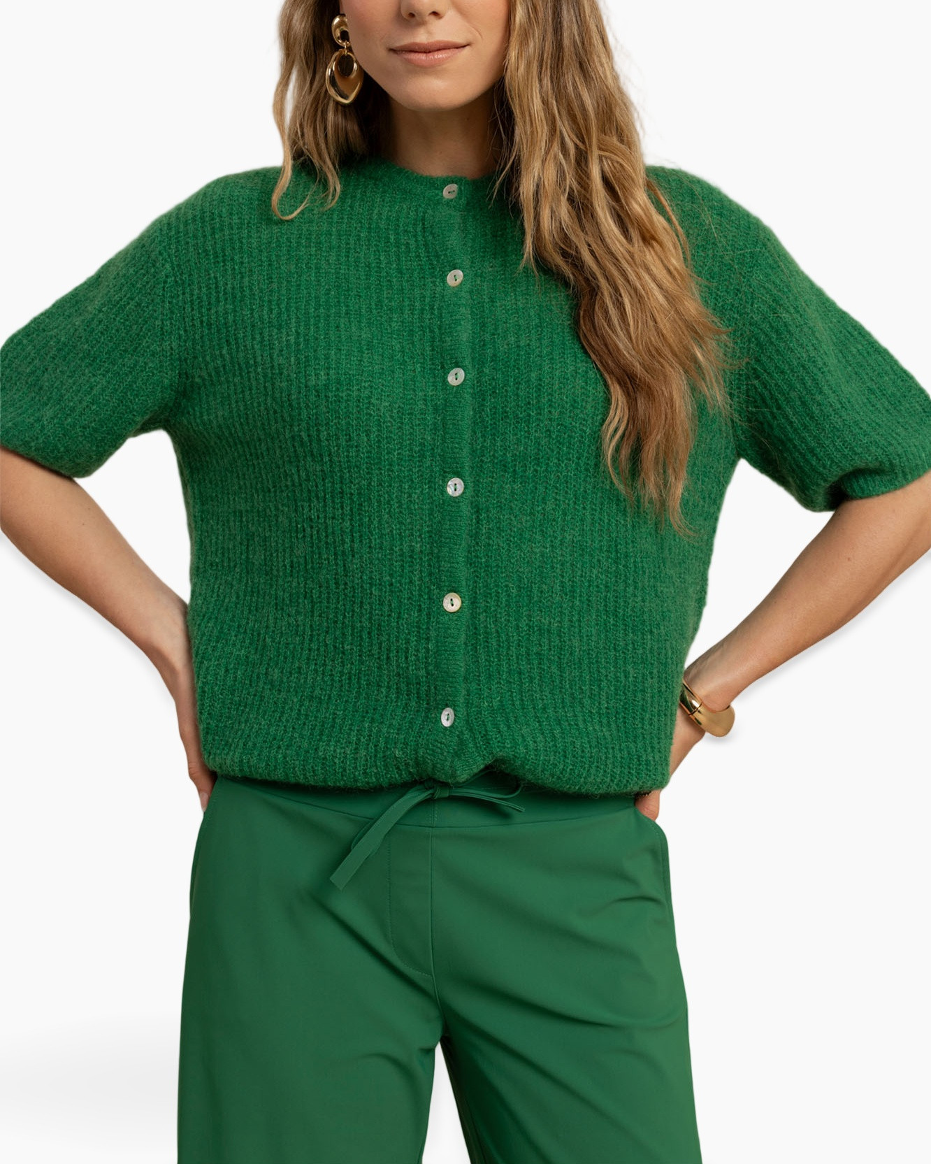 knit cardigan, green top, short sleeves, button front, emerald green