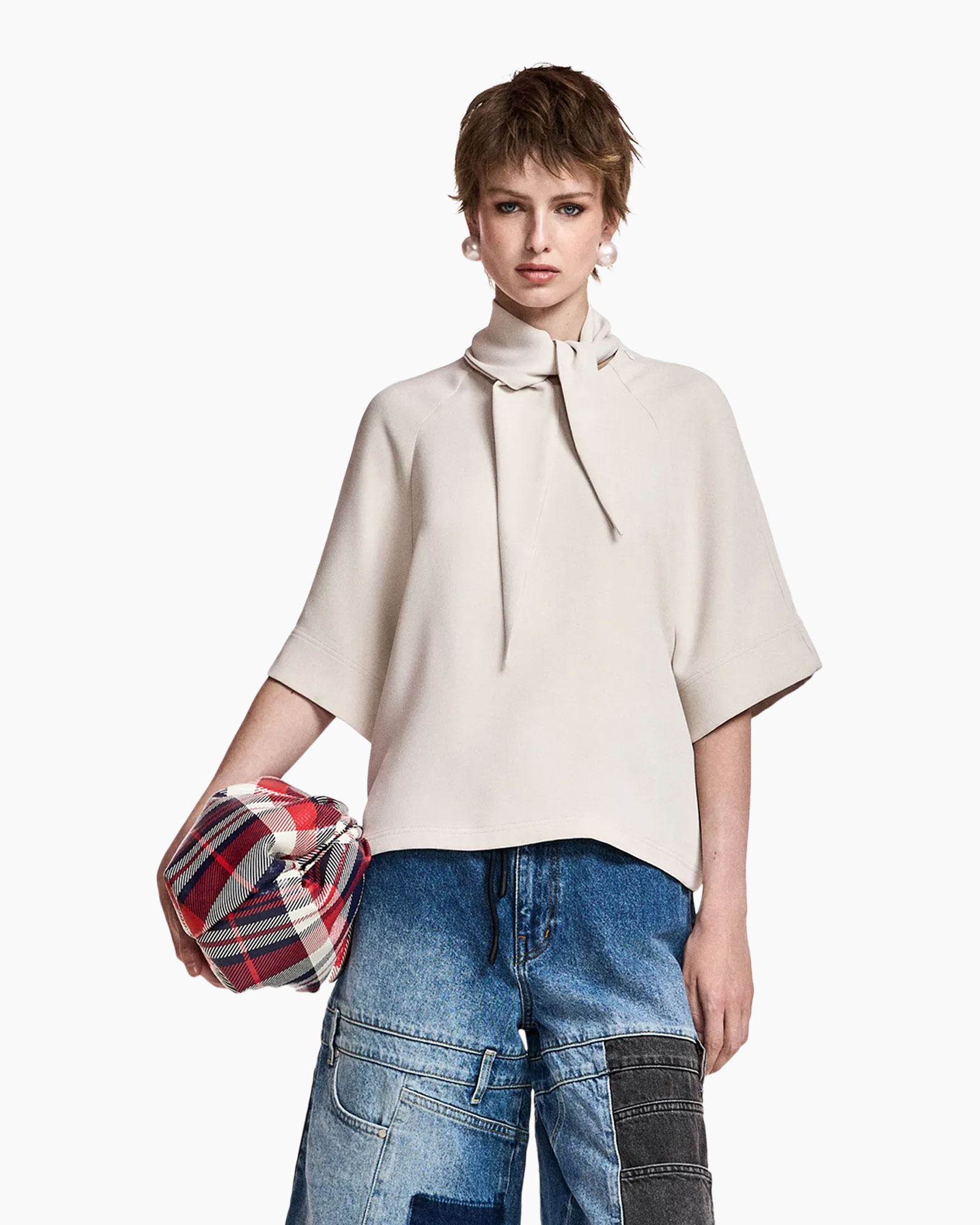 blouse, halskrage, korte mouwen, beige, portemonnee/purse