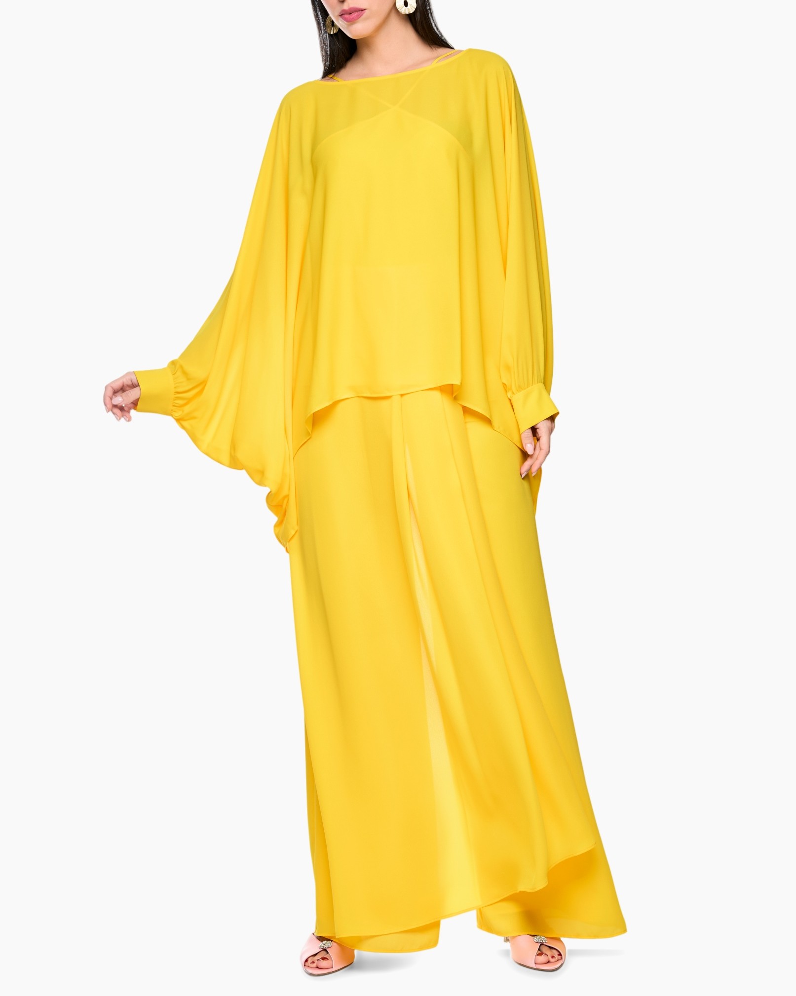 geel, jurk, broek, wijd-sleeve, vlot vallend