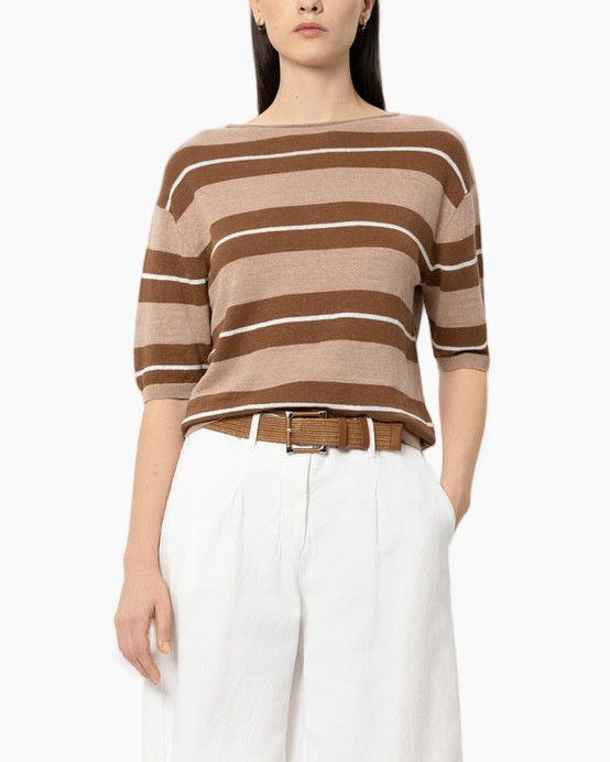 top gestreept, bruine strepen, korte mouw, rond hals, breistriktrui