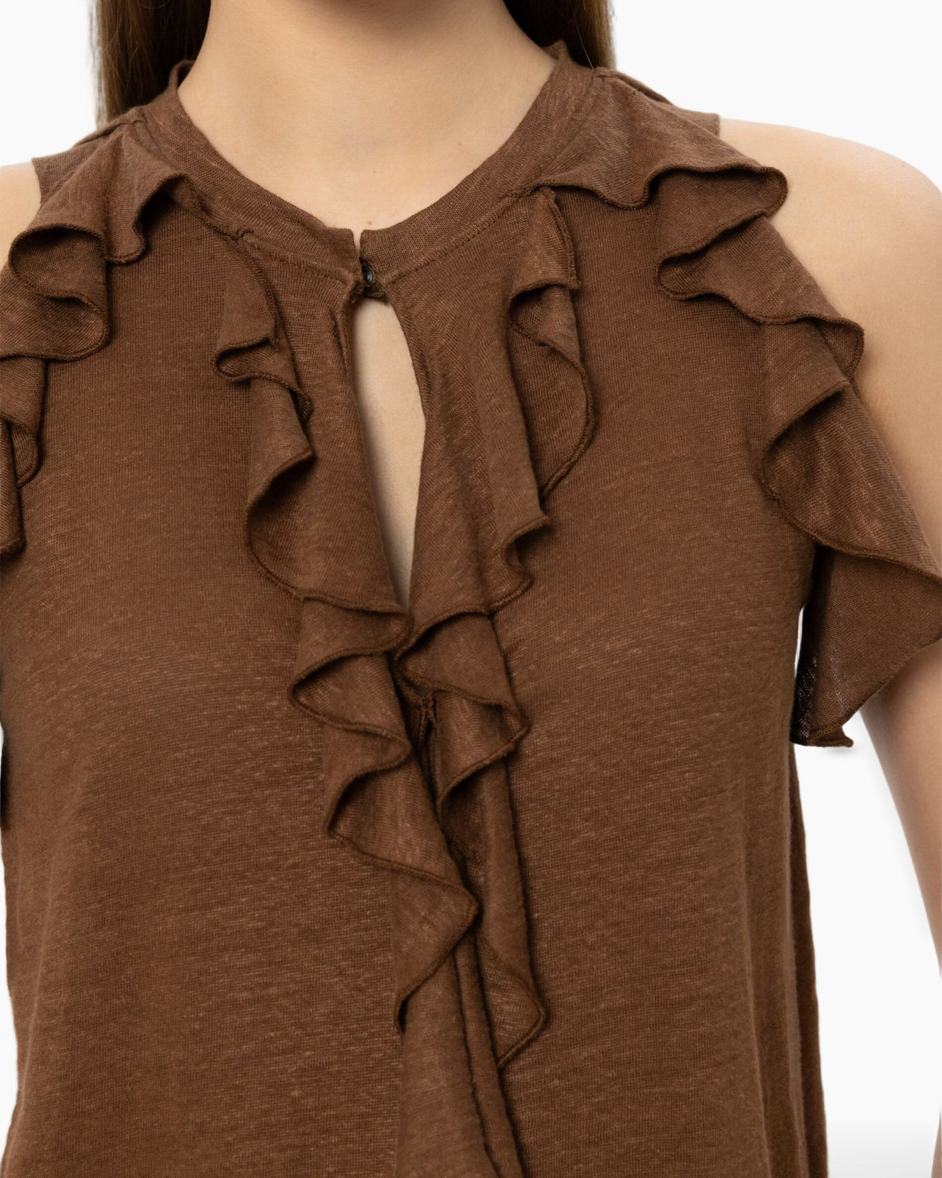 bruin, rues, bovenkleding, mouwloos, sleutelgat