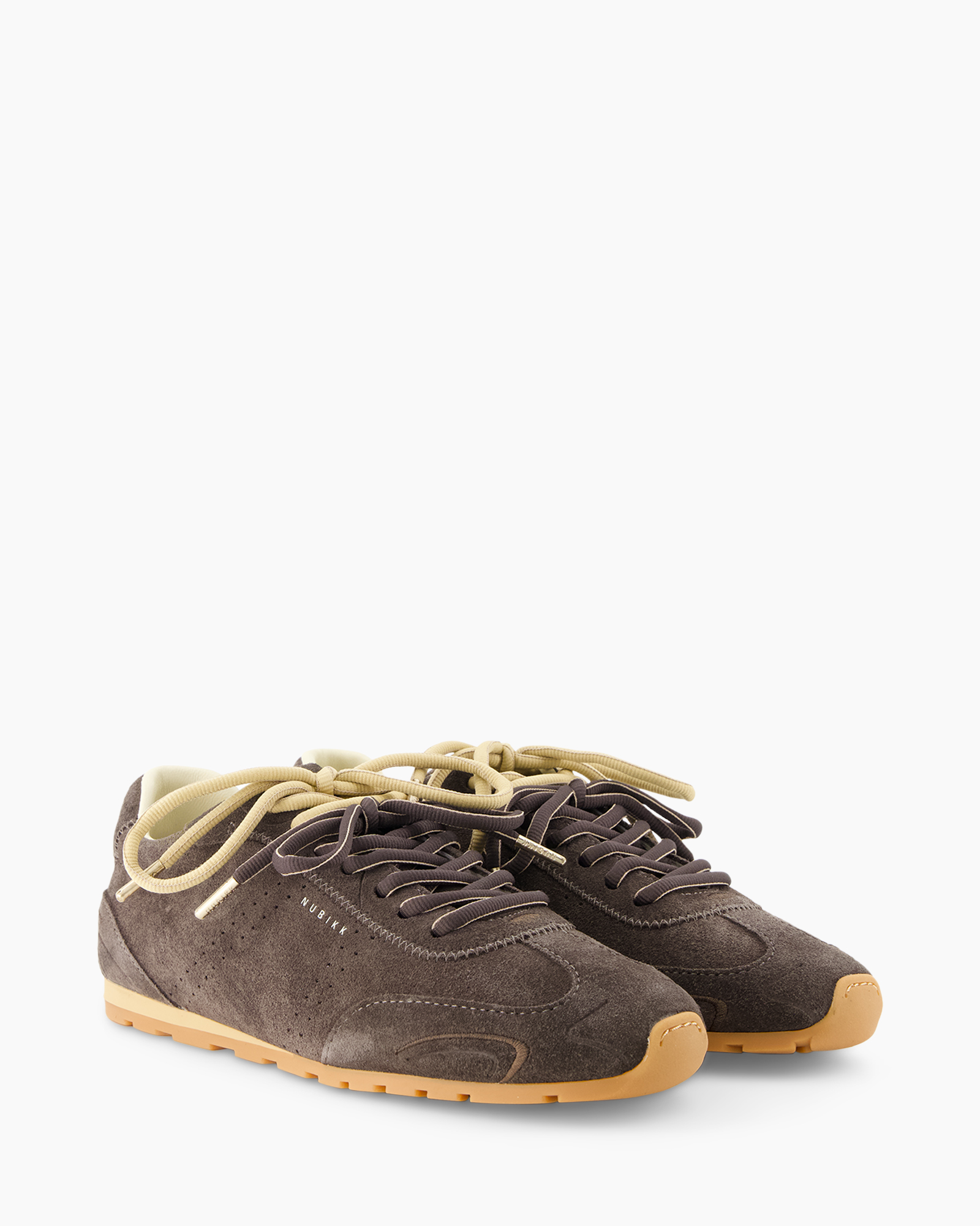 sneaker, bruin, suede, veters, sportschoen