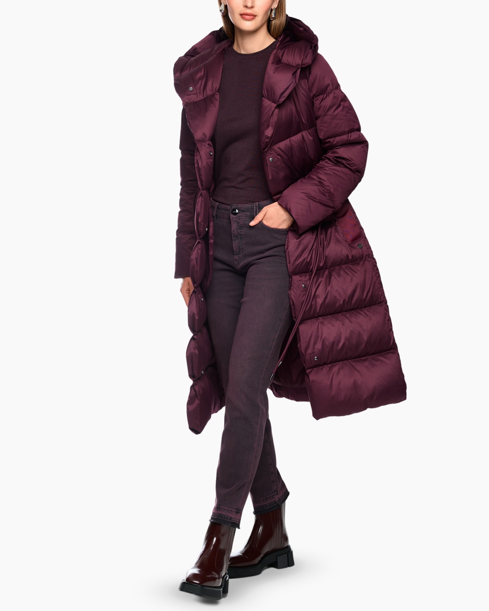 donsjas, lange jas, bordeaux, down jas, schoenen