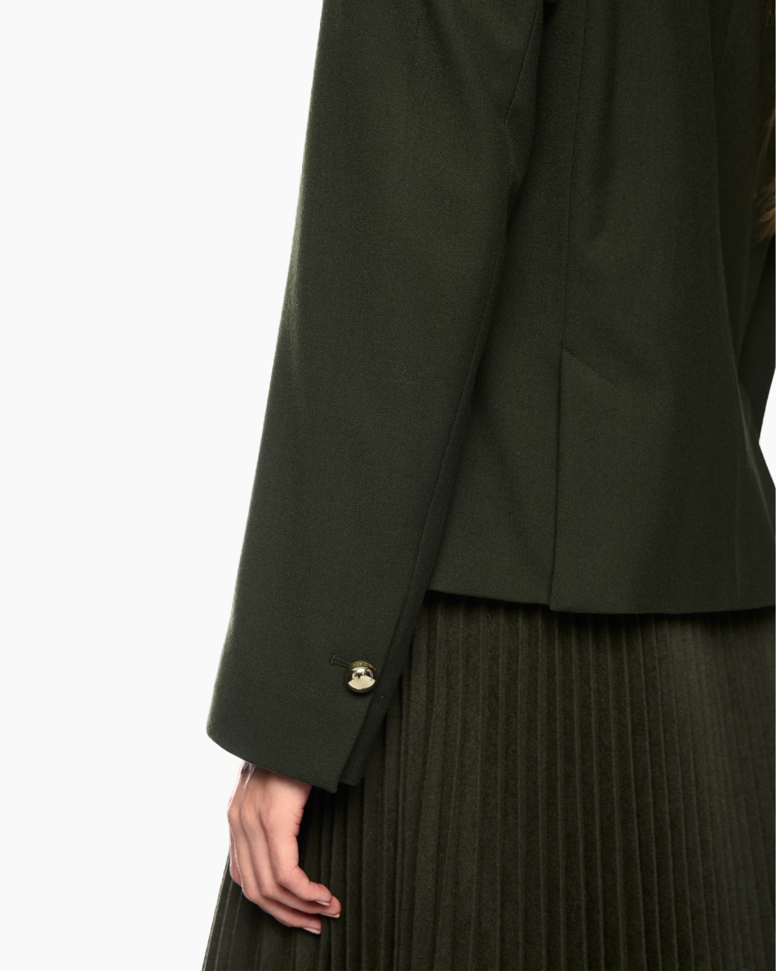 blazer, groen, lange mouw, knop, plissé rok