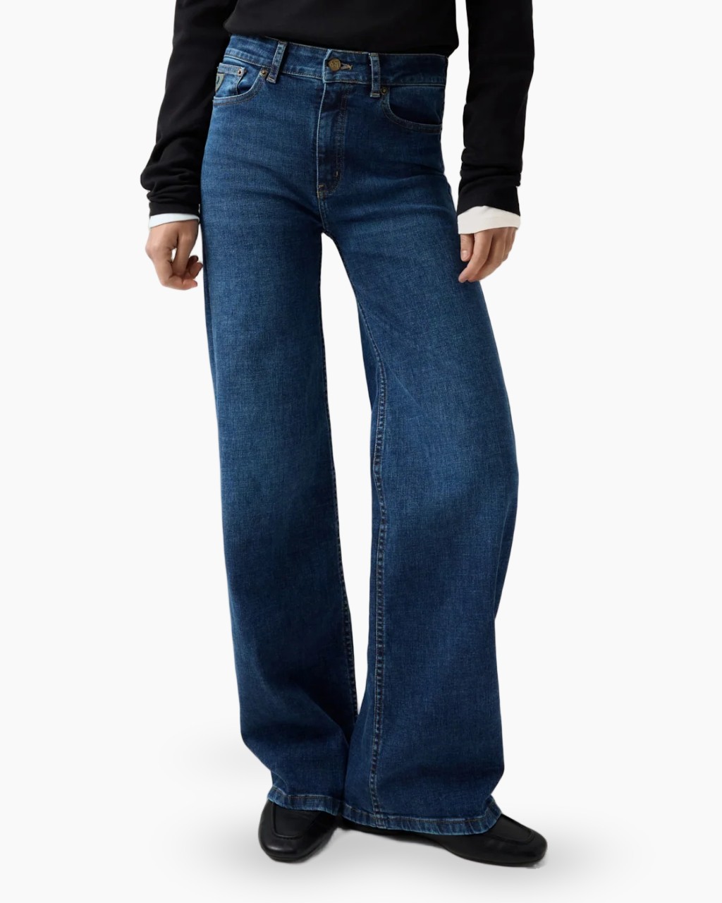 broeken, denim, wijd uitlopend, volle lengte, broek