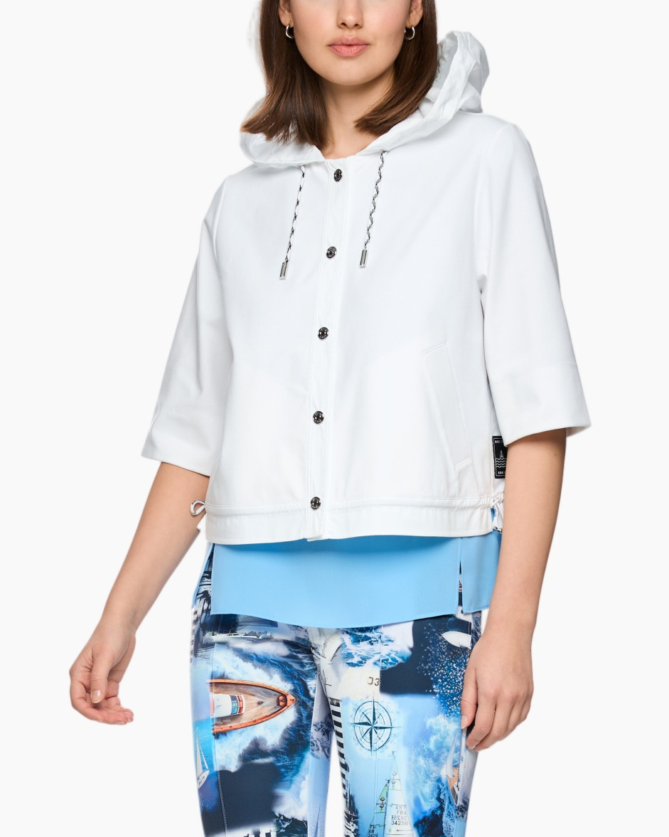 hooded jas, knopsluiting voor, middenmouw, wit, trekkoord