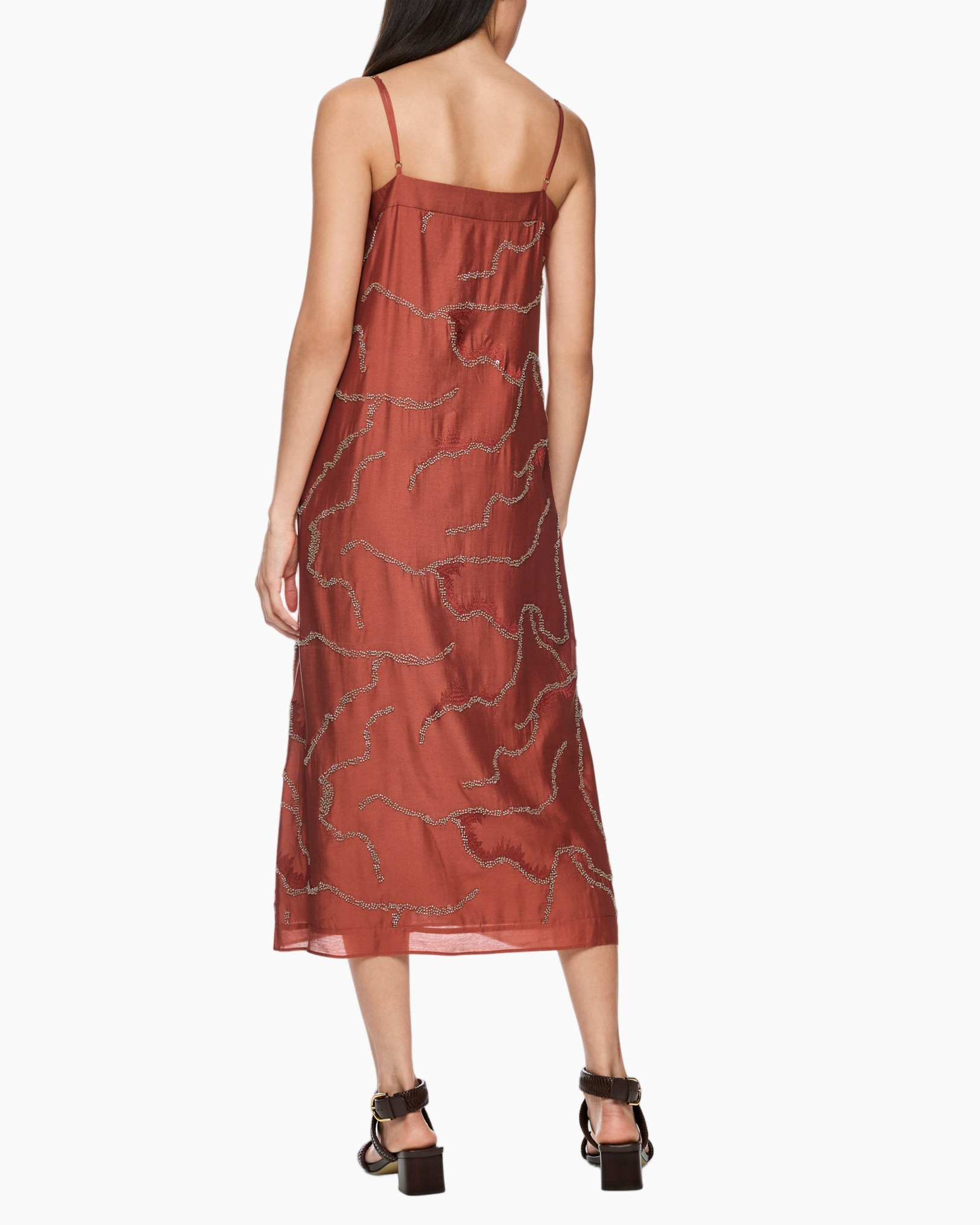 dress, mid-length, rust, embellished, strappy