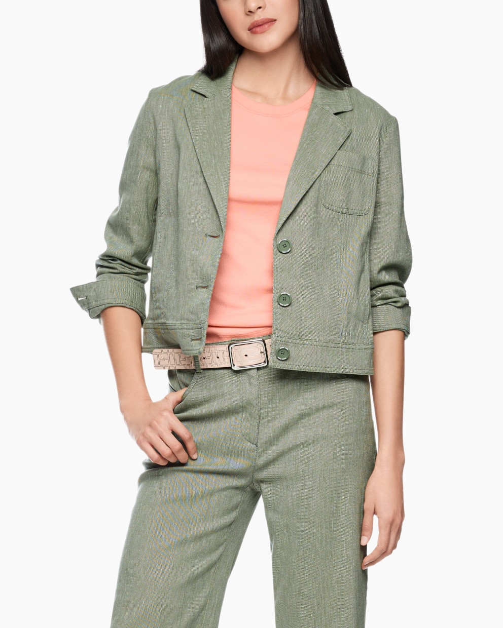 blazer, linen, green, two-button, belted