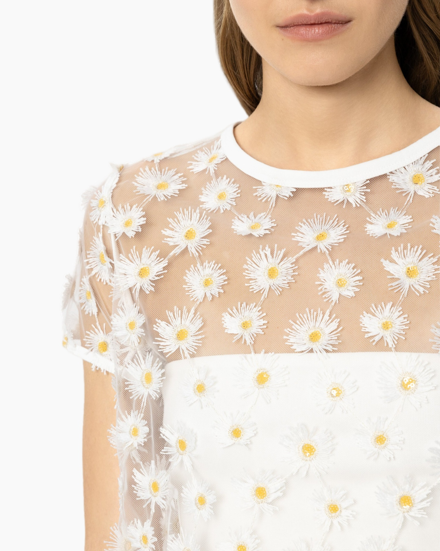 eendbloem borduring, gaas top, witte jurk, bloem patroon, fijn, korte mouw