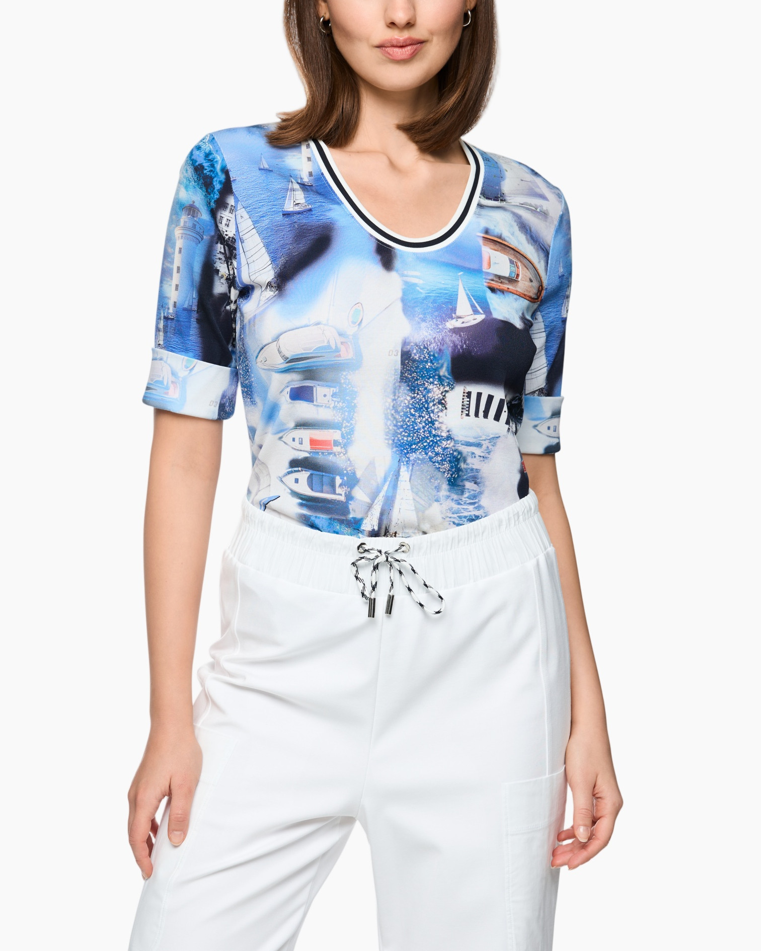 top, graphic, blue, short-sleeve, v-neck