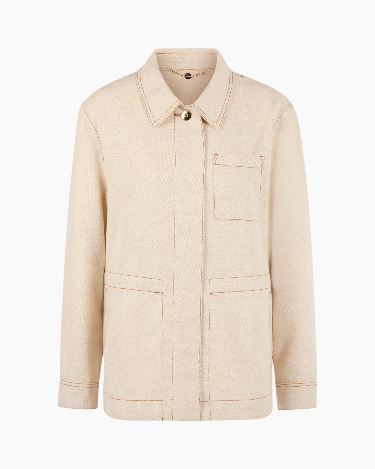 jasje beige, linnen textuur, knopen sluiting, borstzak, meerdere zakken jas