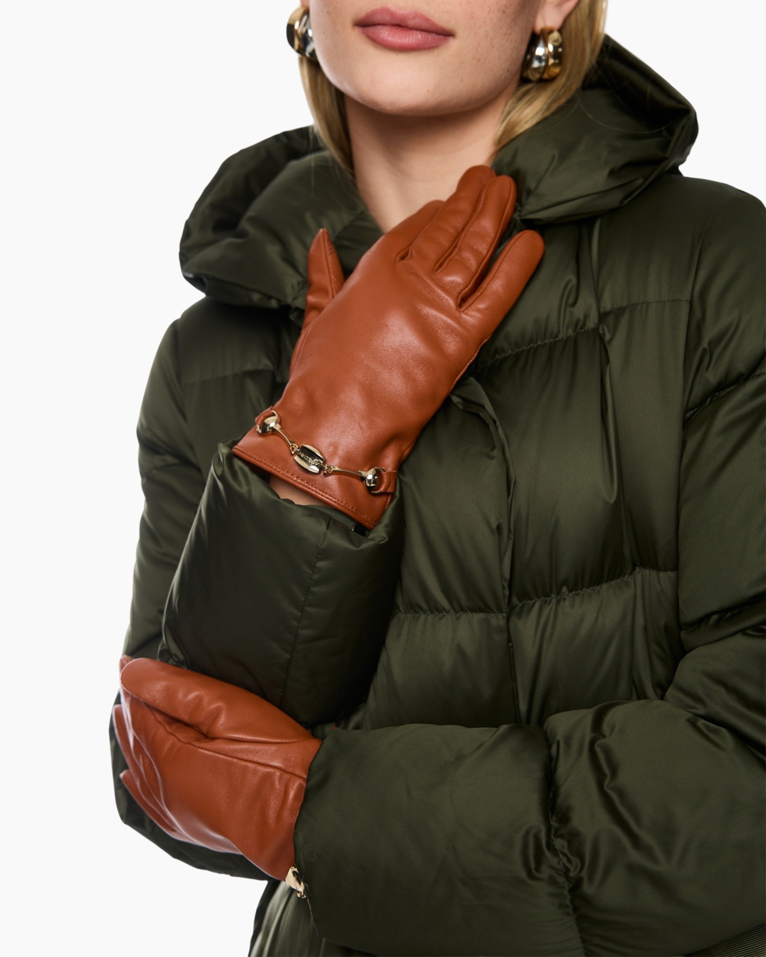 jasjak puffer, olijf groen, kapmuz, leren handschoenen, leren mouwen