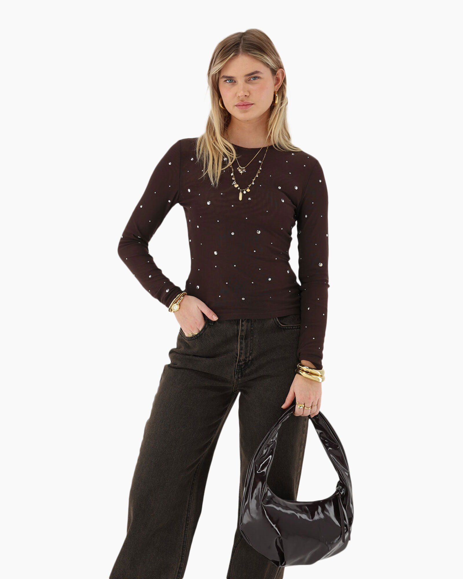 Lange mouwen, Handtas, Blouse, Jeans, Broeken