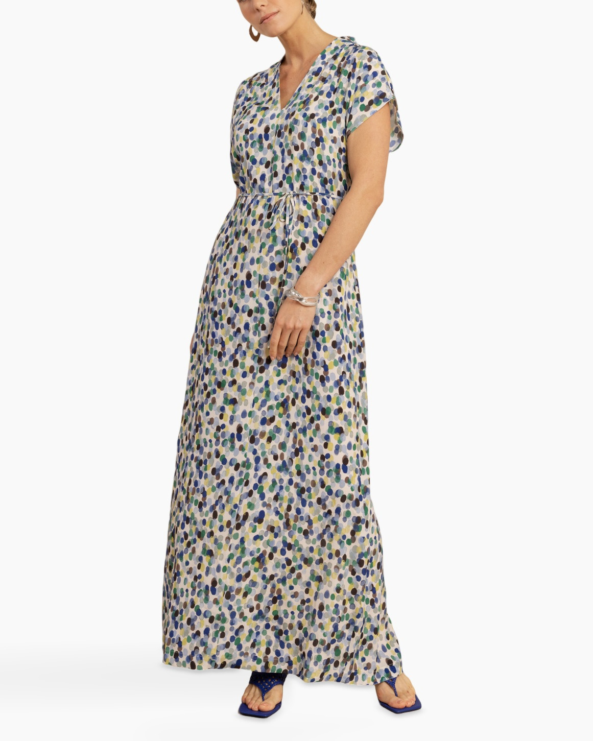 maxi jurk, bloemachtig stippenpatroon, V-hals, korte mouw, lange lengte