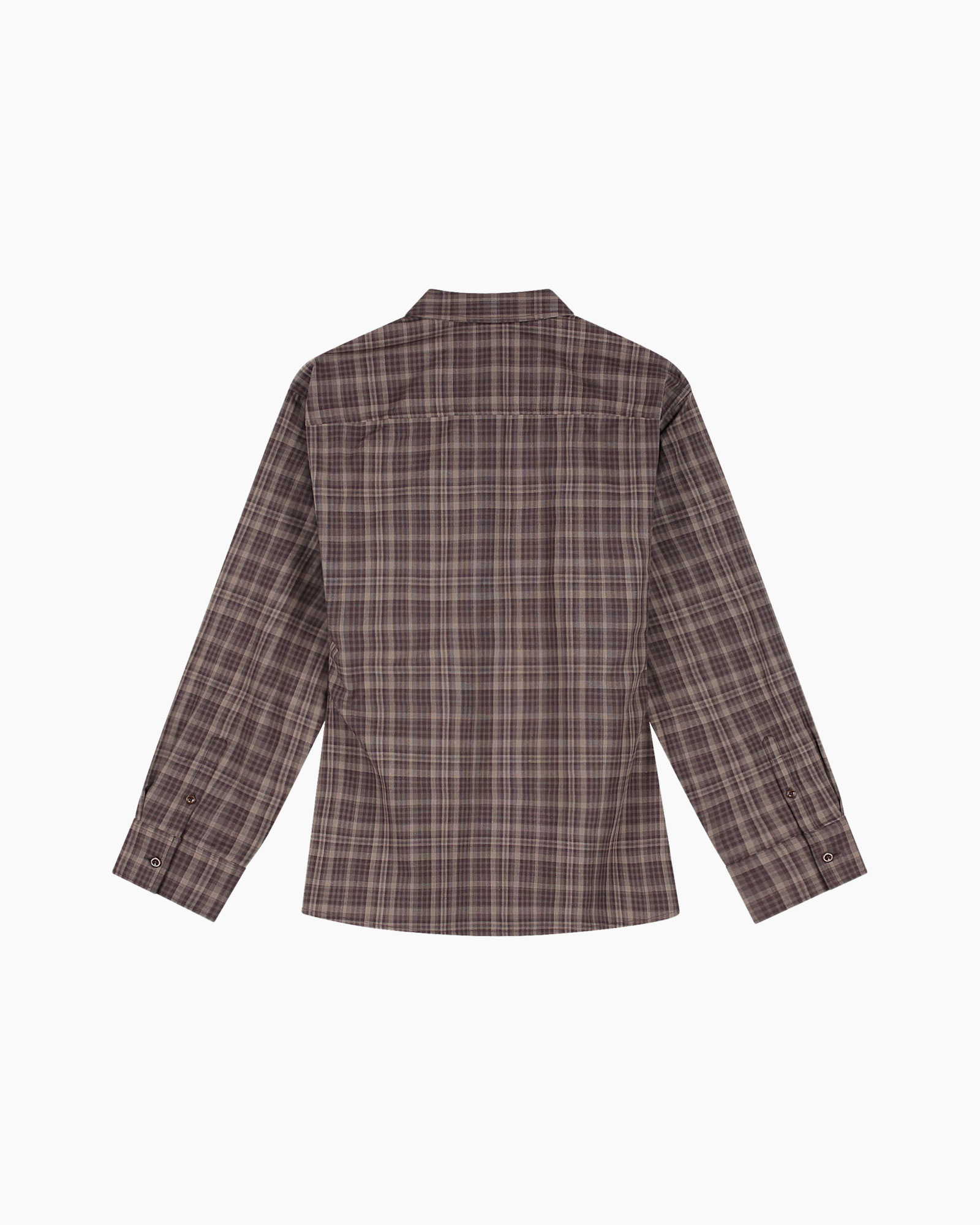 shirt, flaired plaid?, bruin, lange mouw, knopen manchet