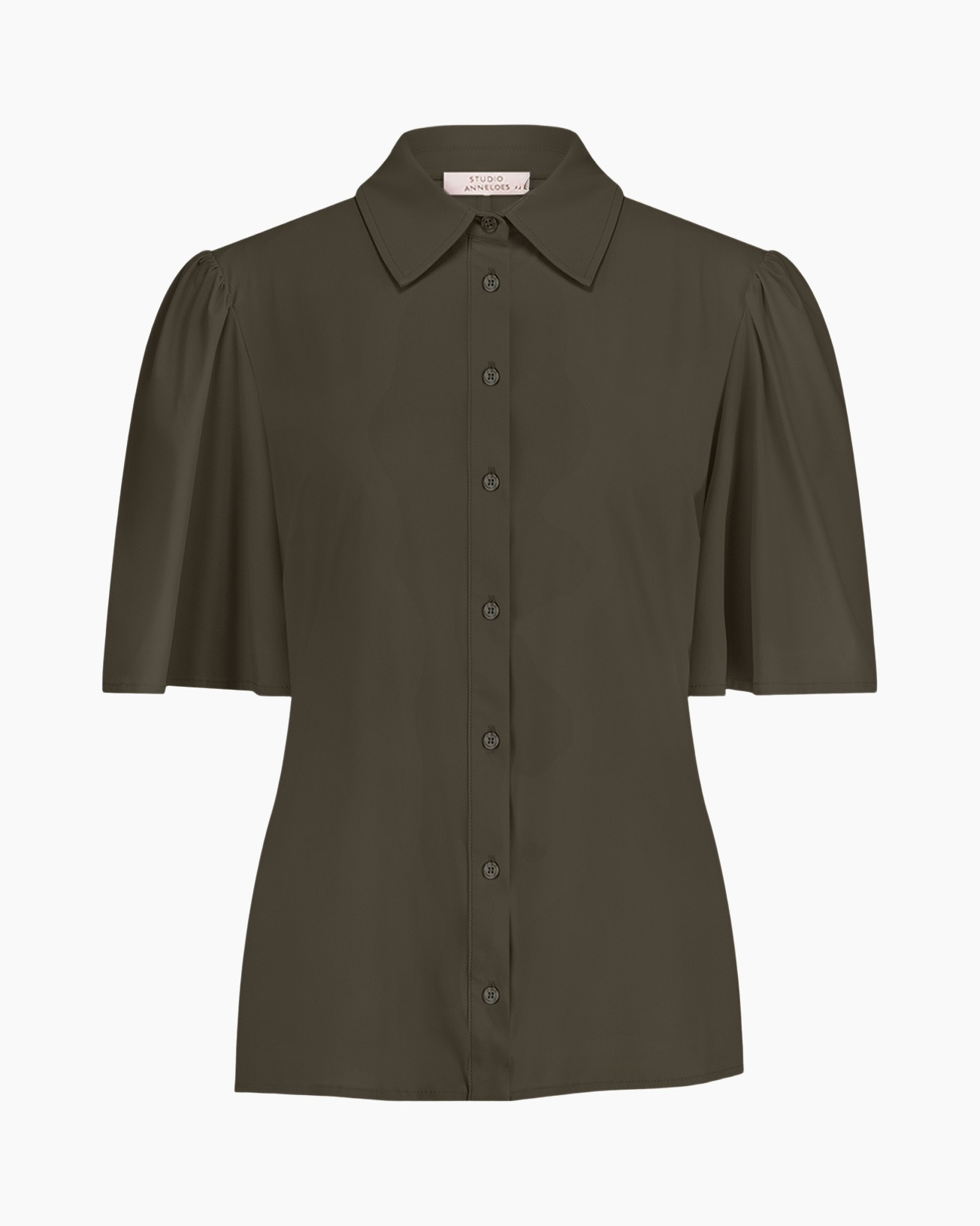 knopslagenblouse, olijfgroen, korte mouwen, kraag, pofmouwen