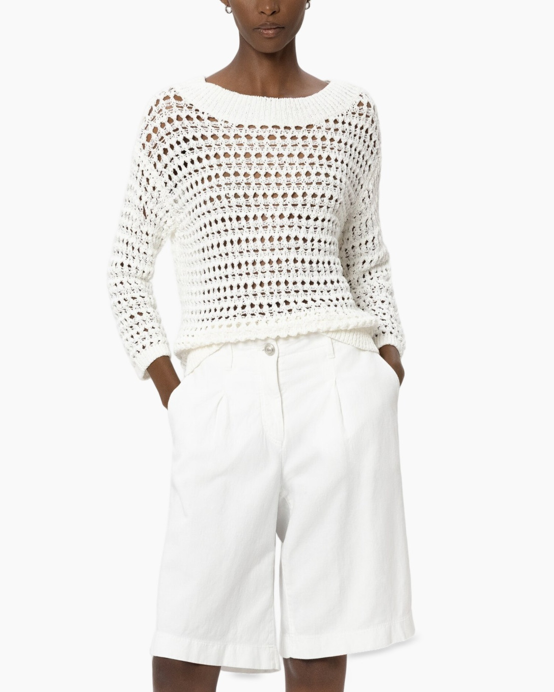 crochet sweater, white, loose knit, crew neck, shorts