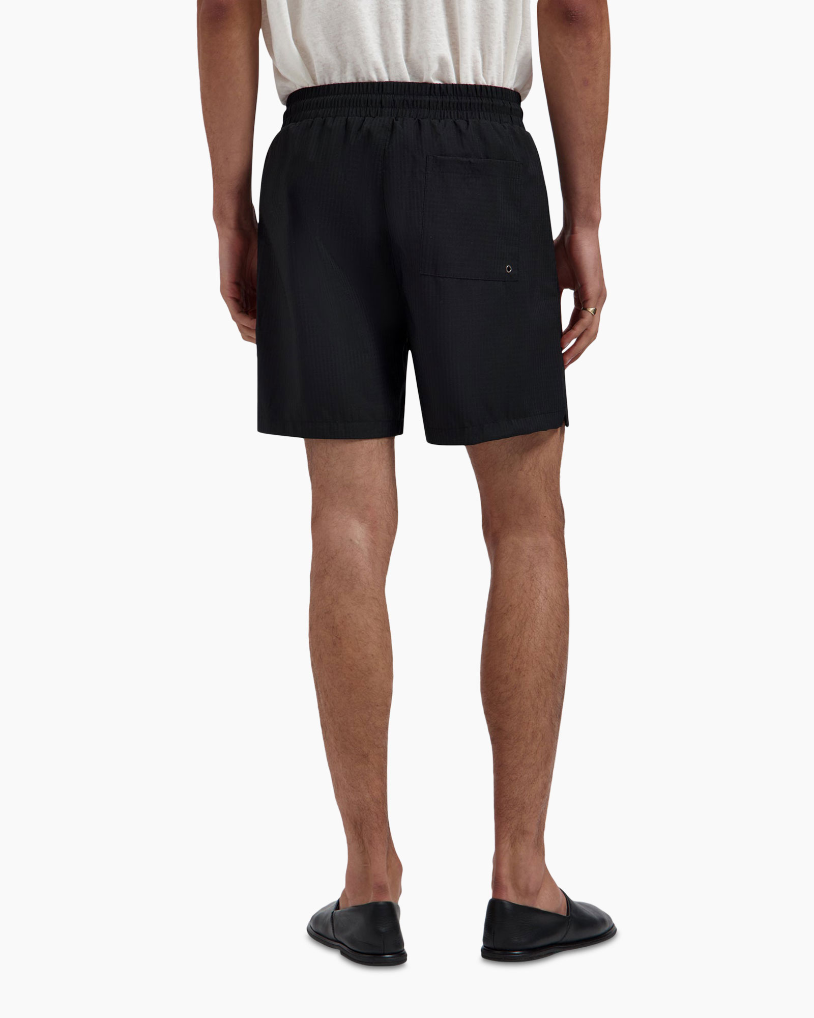 shorts, drawstring, black, mid-length, slip-ons