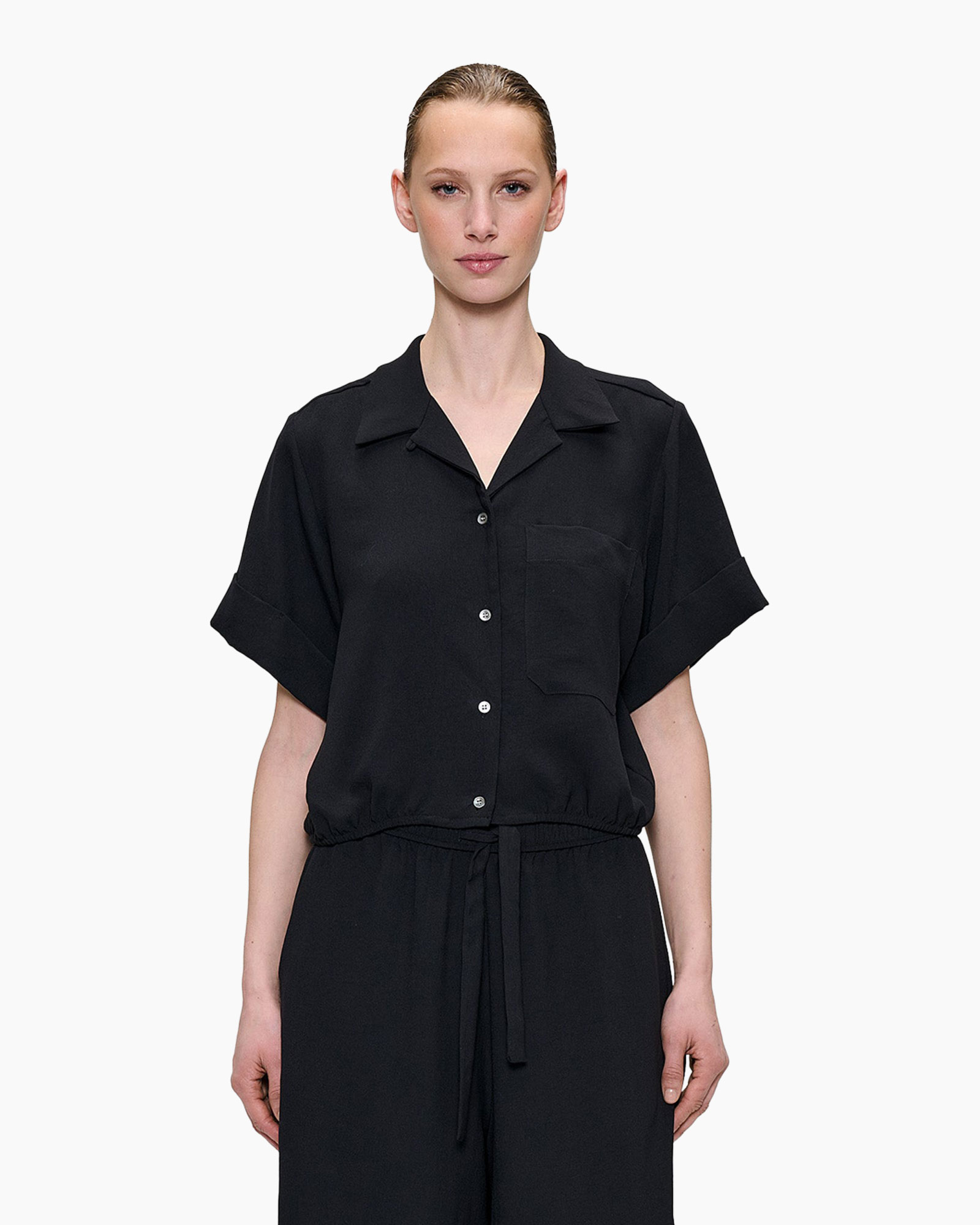 black, short-sleeve, button-up, collared, jumpsuit