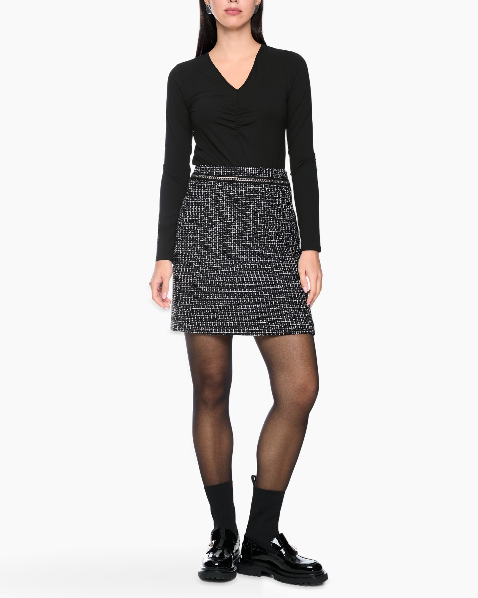 top, lángnosleeve, v-hals, rok, tweed