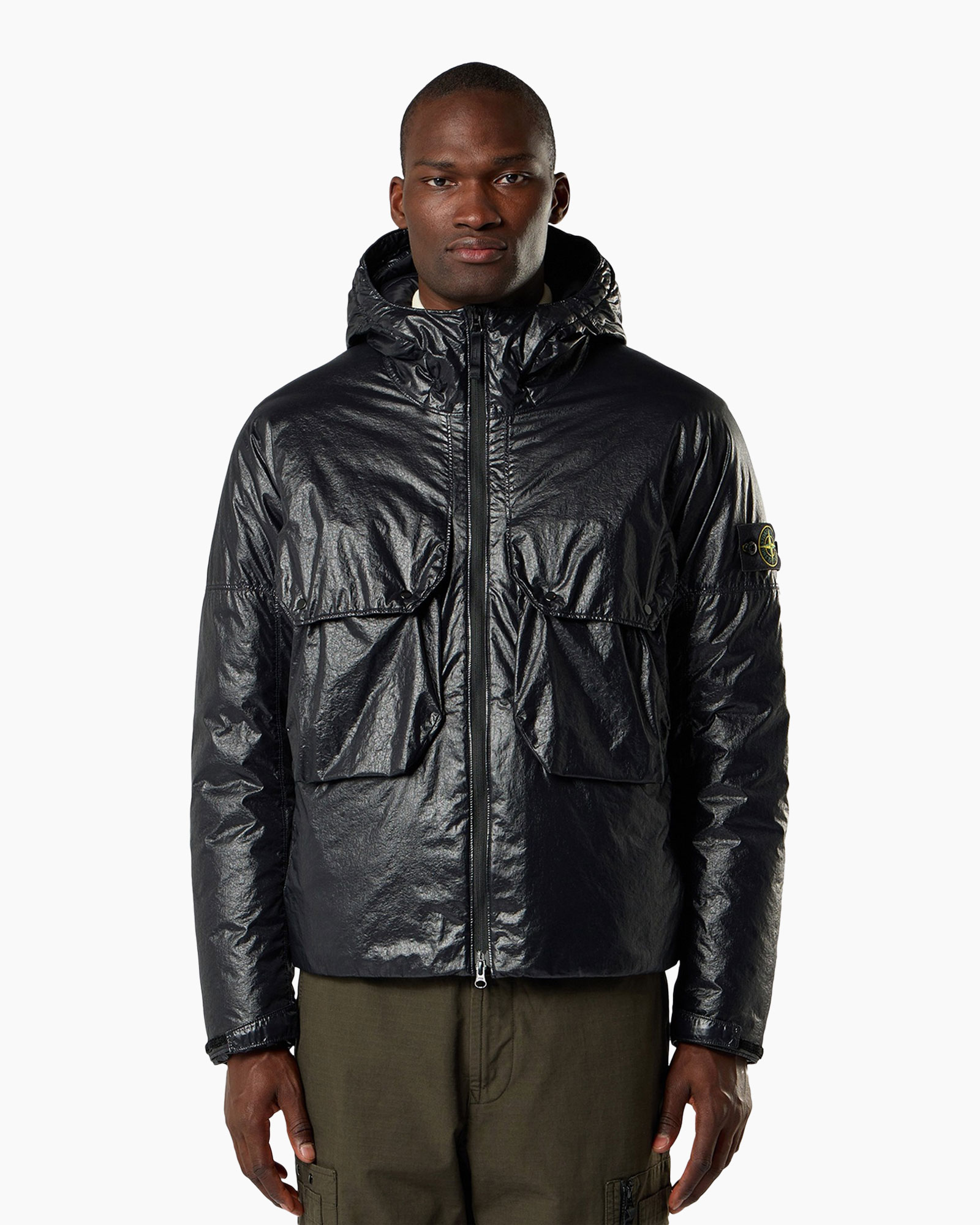gewatteerde jas, hooded jacket, metaalachtige glans, voorzijde rits, twee zakflap
