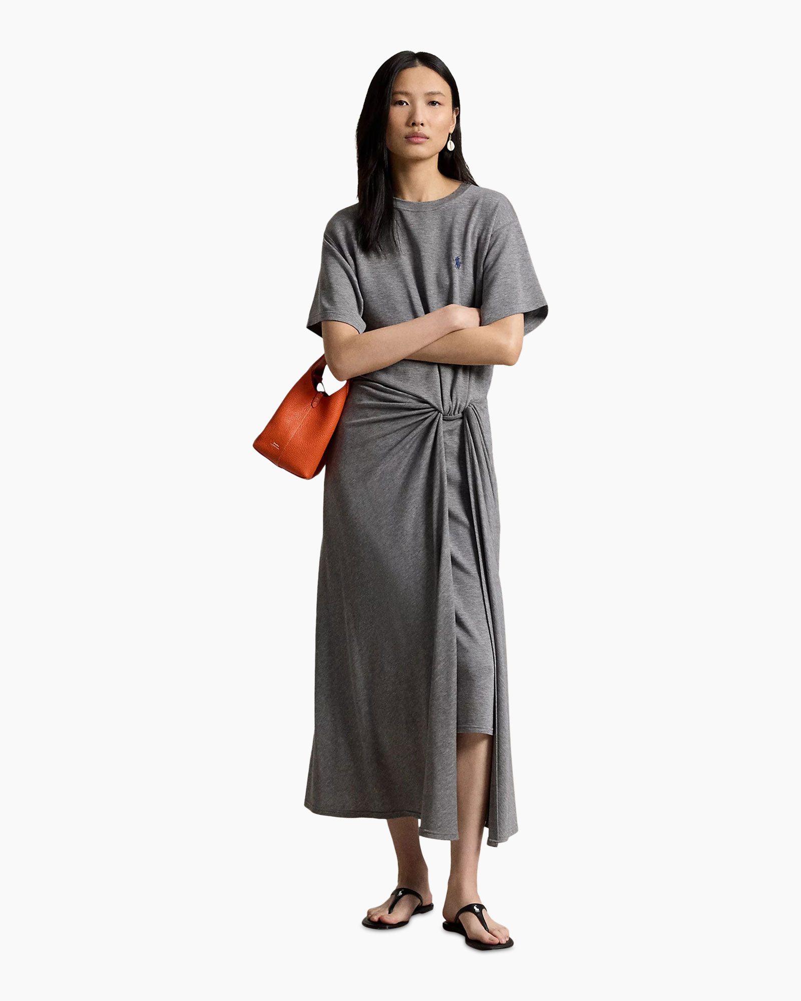 jurk, t-shirt jurk, midi jurk, knoopceintaille, zijsplit