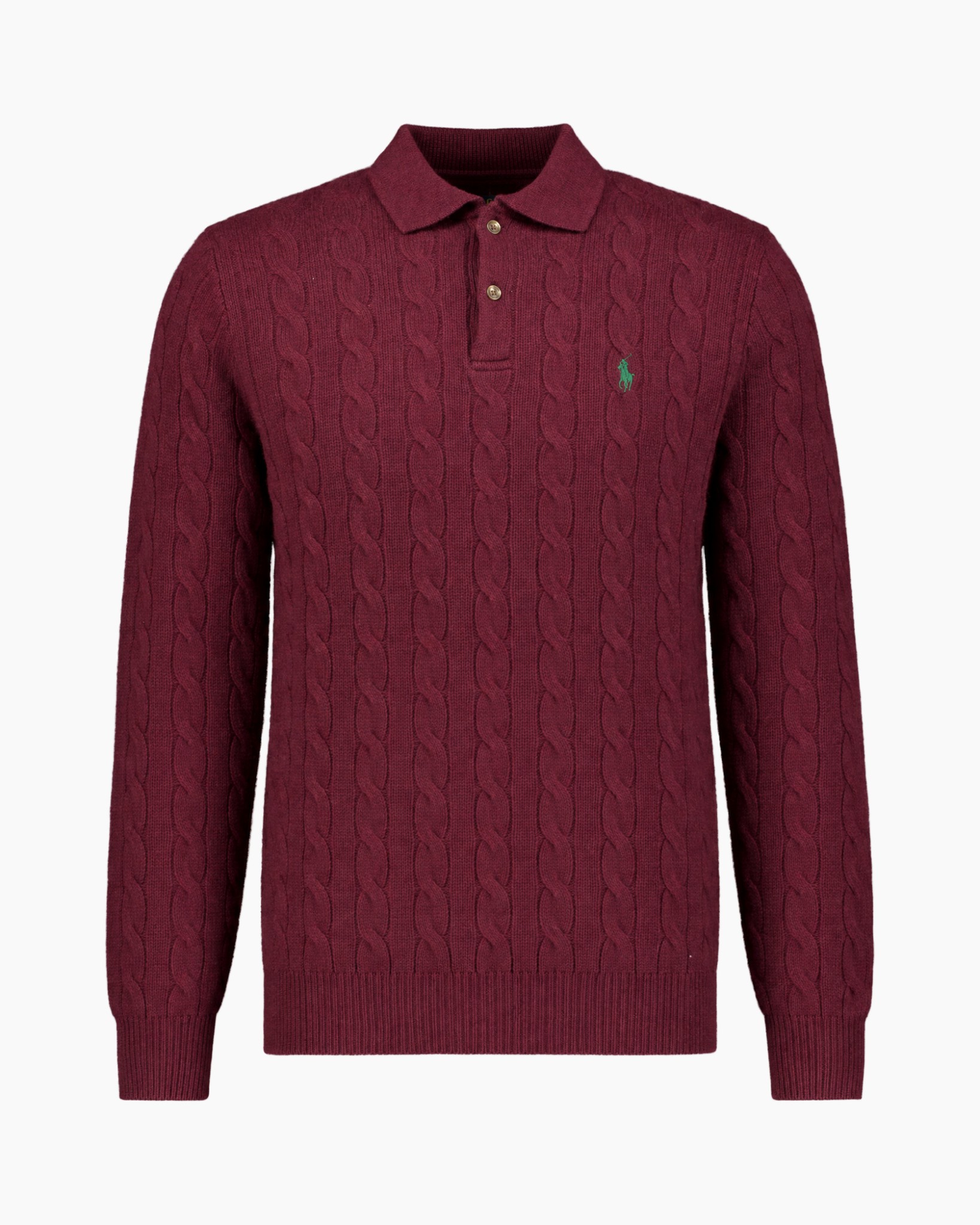 trui met kabelpatroon, polokraag, lange mouwen, bordeauxrood, knoopsluiting