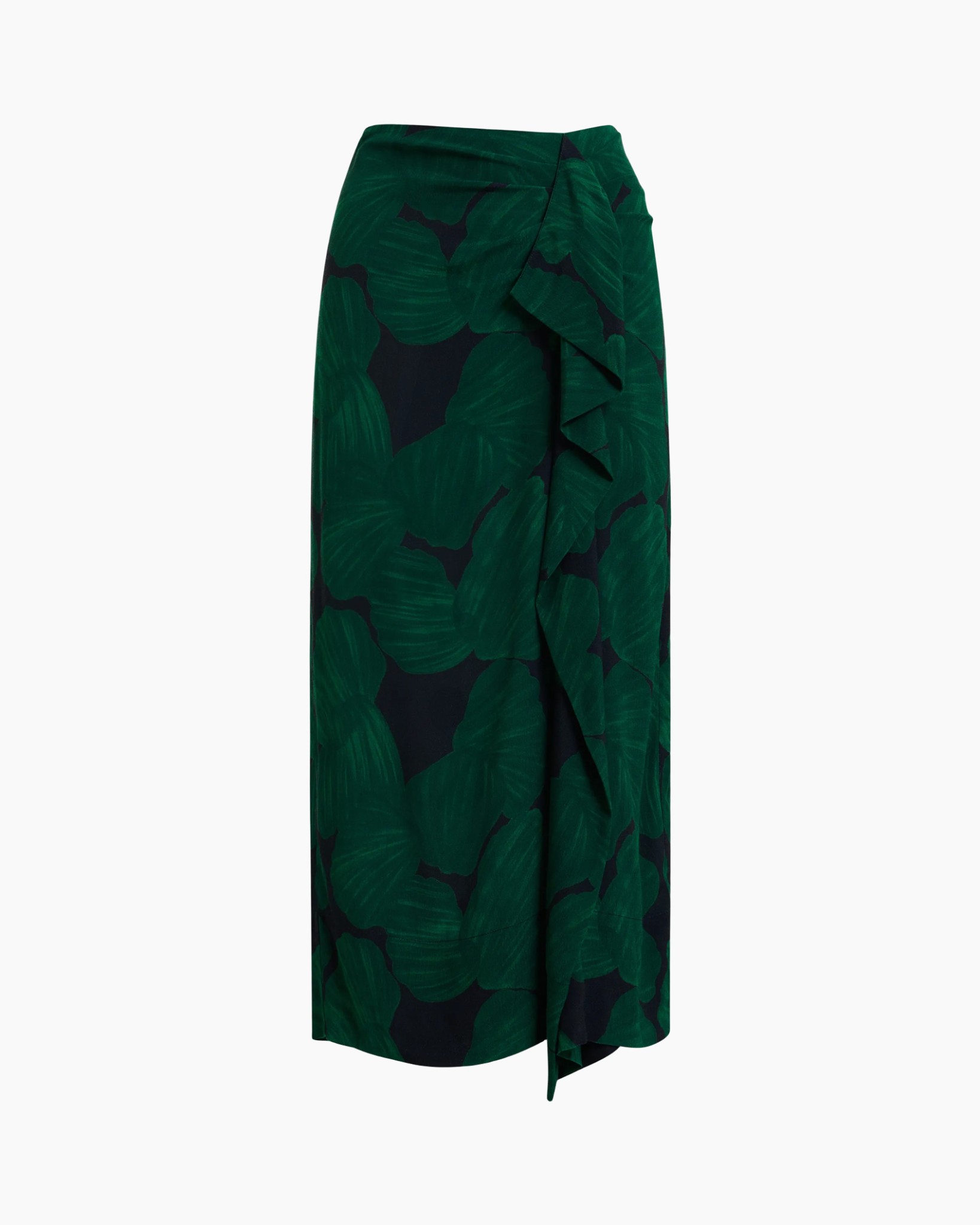 rok wikkel, groen print, bladmotief, asymmetrische wrap, middellang