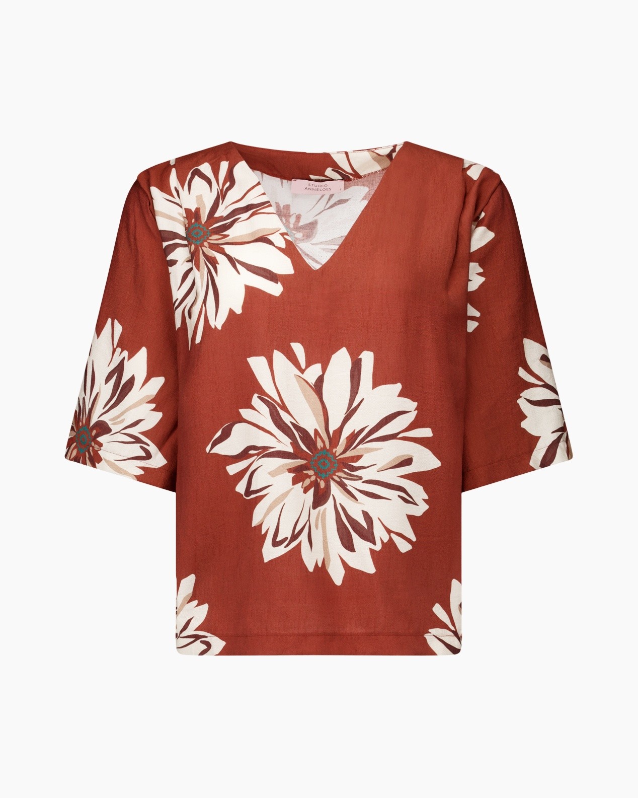 top, blouse, flu floral, korte mouwen, linnen?