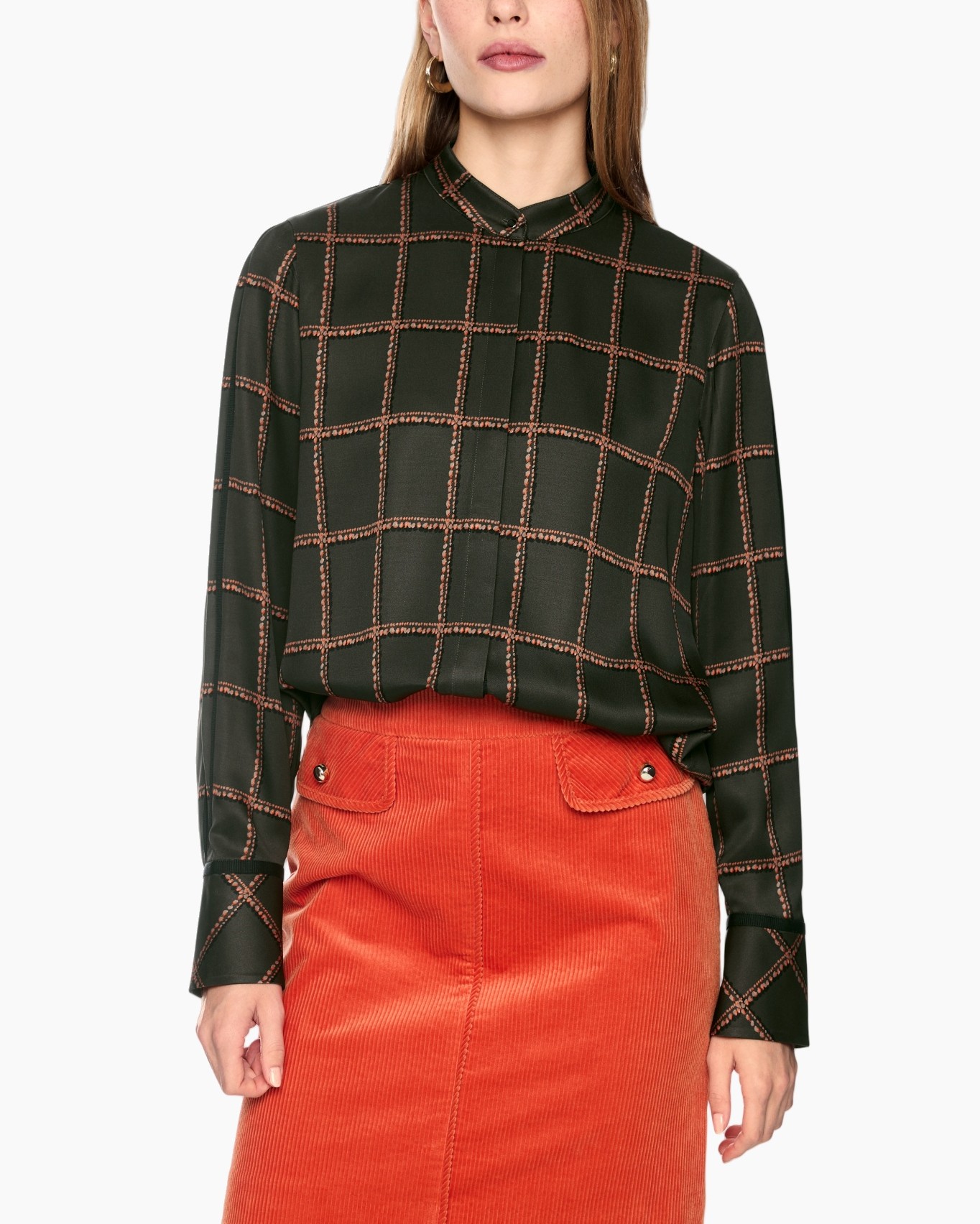 blouse, patroon grid, lange mouwen, donkergroen, kraag