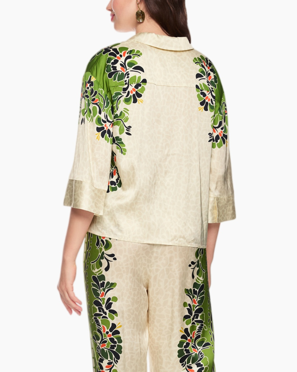 silk blouse, button-up, leopard print, embellished belt, wide-leg pants