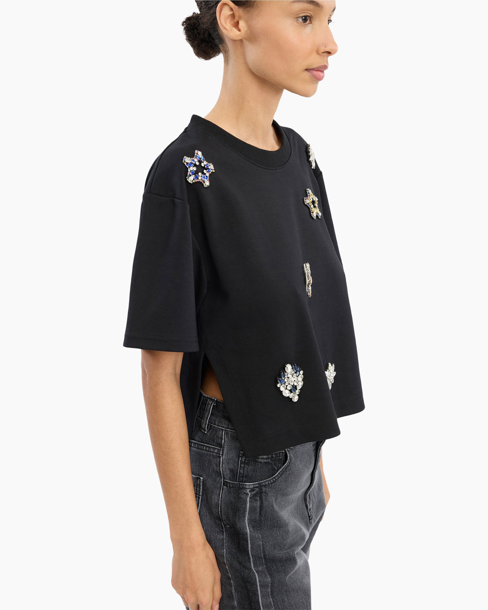 t-shirt, zwart, versierd, korte mouw, top