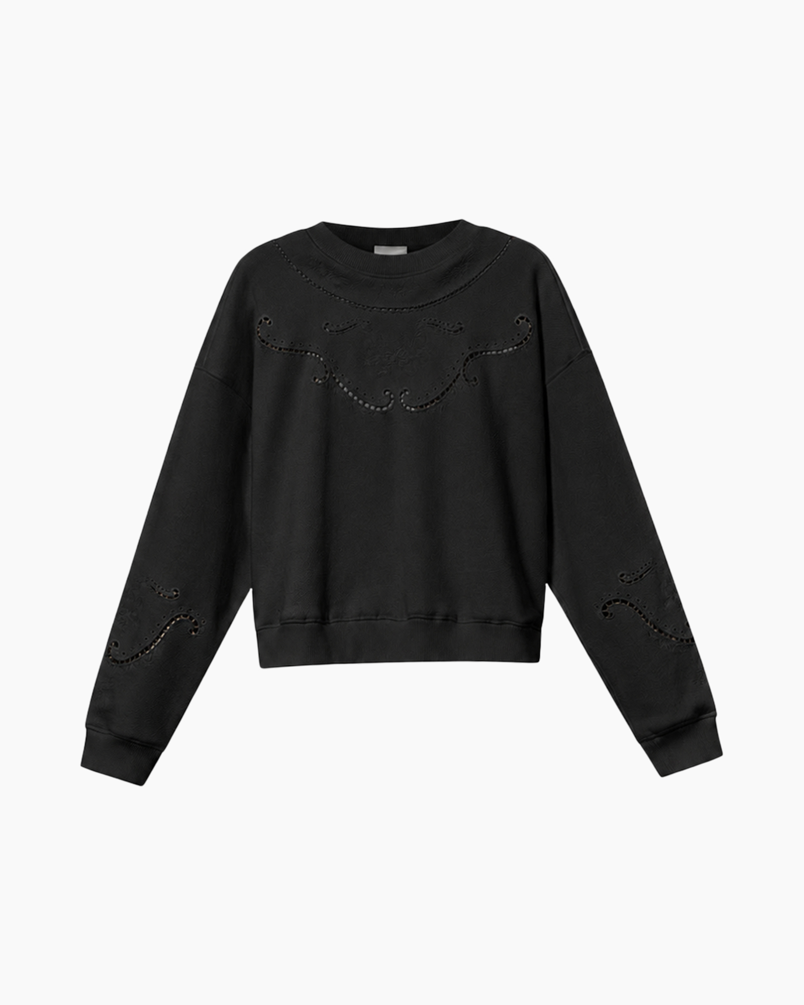 sweatshirt, zwart, borduurwerk, langemouwen, rond hals