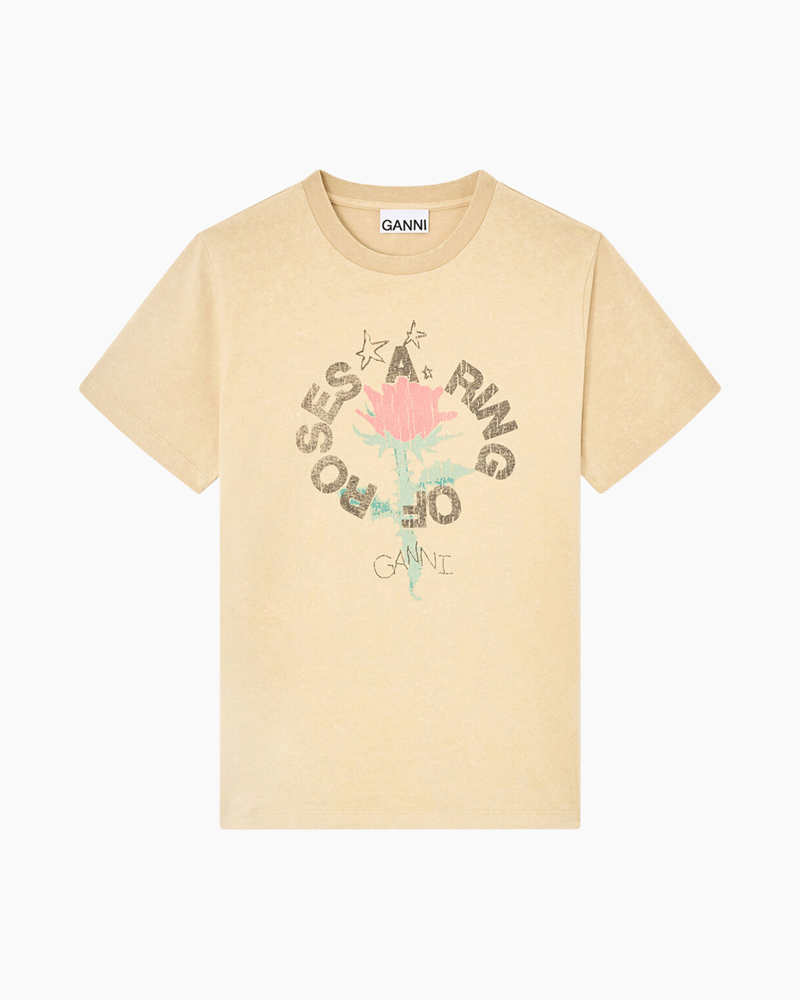 top, beige, grafisch, rozen, korte mouwen