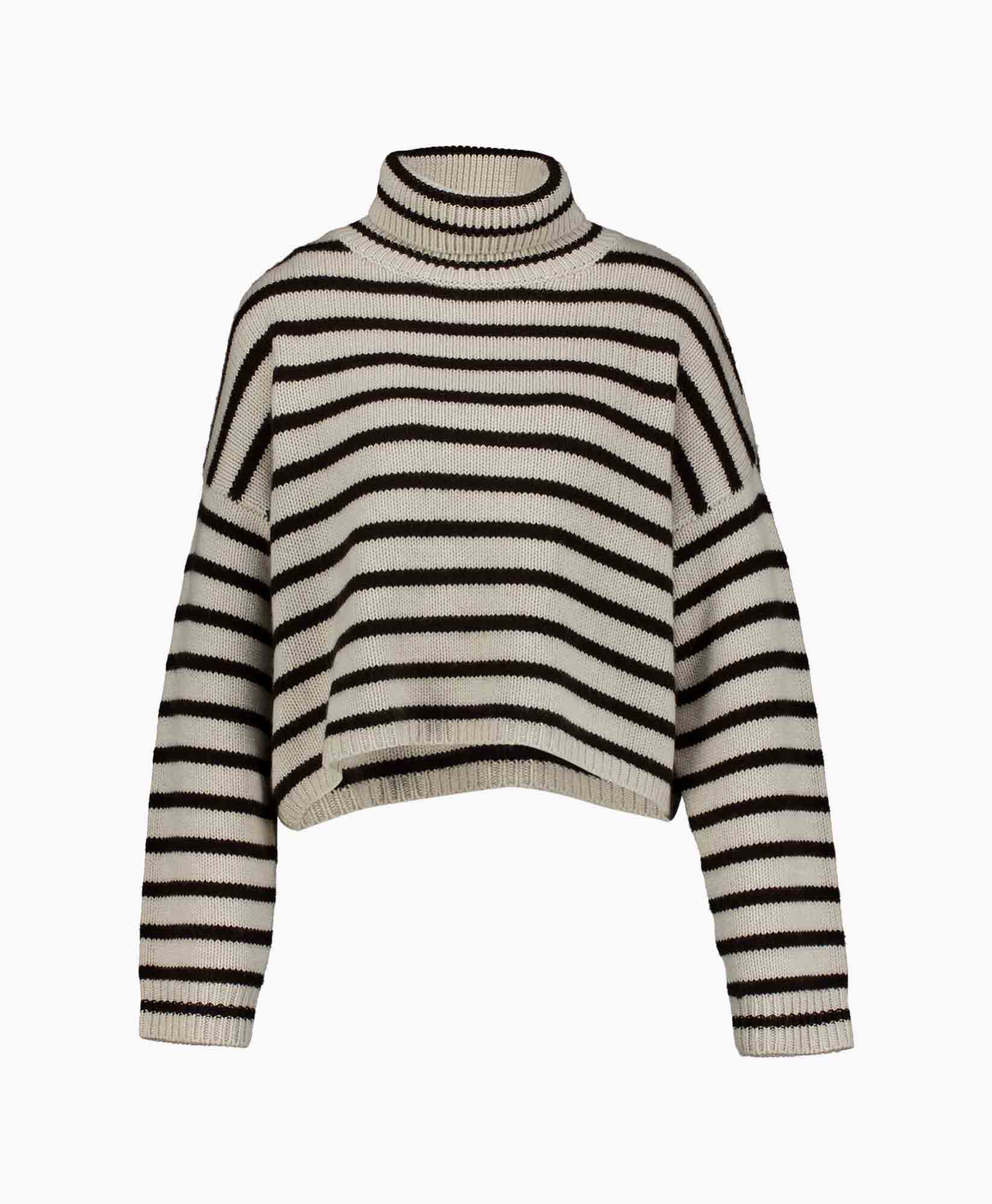turtleneck, gestreept, brei, trui, beige-zwart