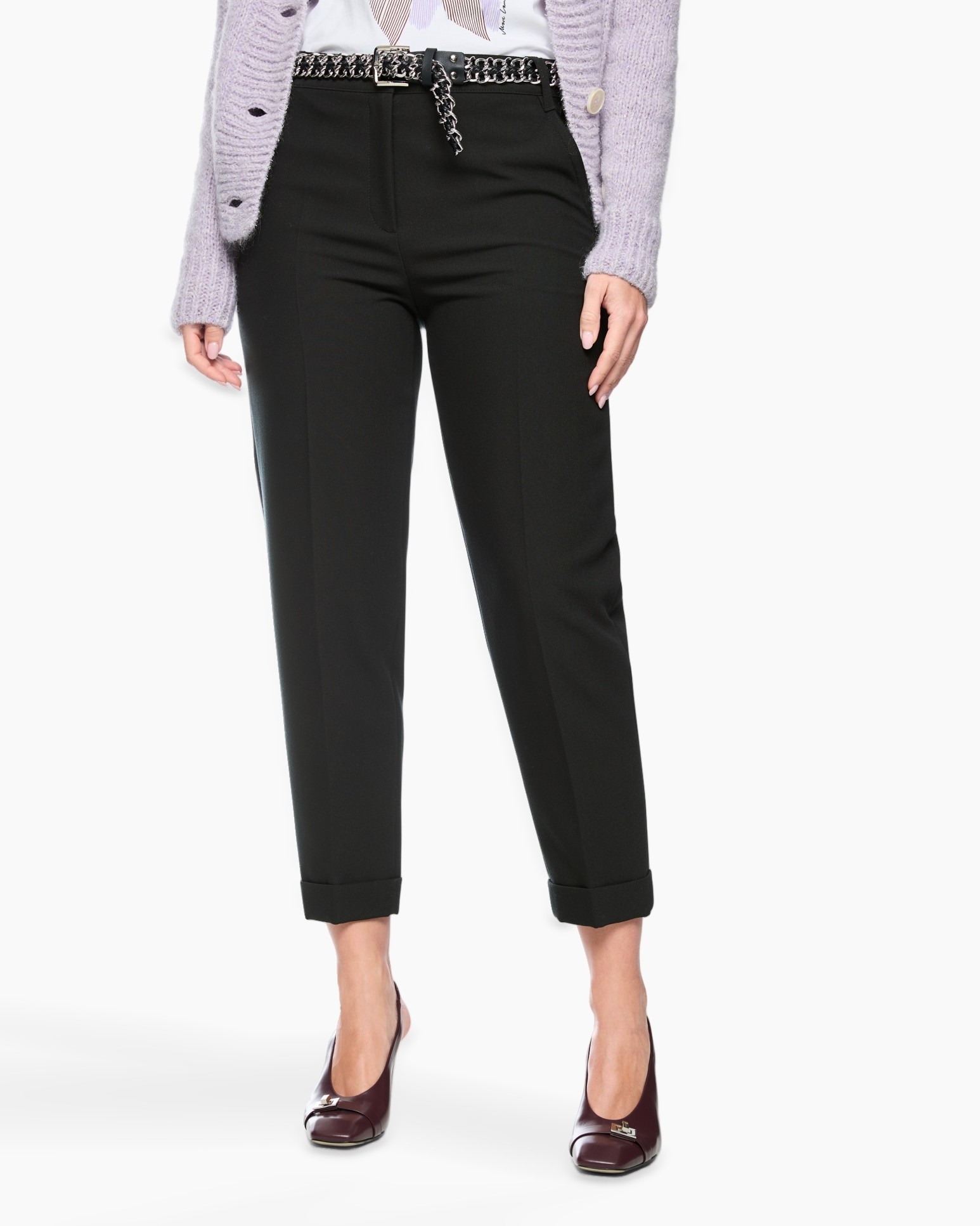 broek, zwart, enkellengte, slim-fit, riempje