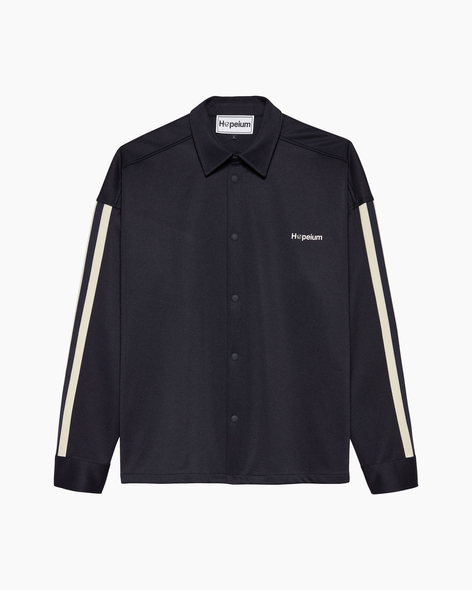 blouse?, long-sleeve?, navy?, striped-sleeve?, logo-embroidered?