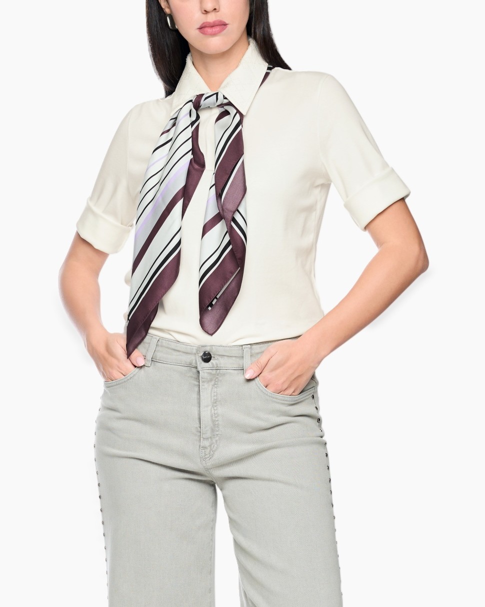 blouse, sjaal, korte mouwen, kraag, gestreepte sjaal